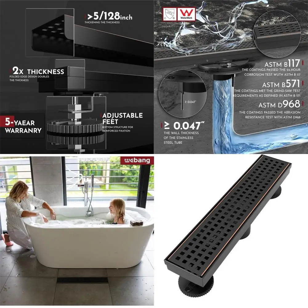 12 Inch Linear Shower Drain with Square Hole Cover and Removable Grate, Oil Rubbed Bronze Finish, Stainless Steel
12 Inch Linear Shower Drain with Square Hole Cover and Removable Grate, Oil Rubbed Bronze Finish, Stainless Steel