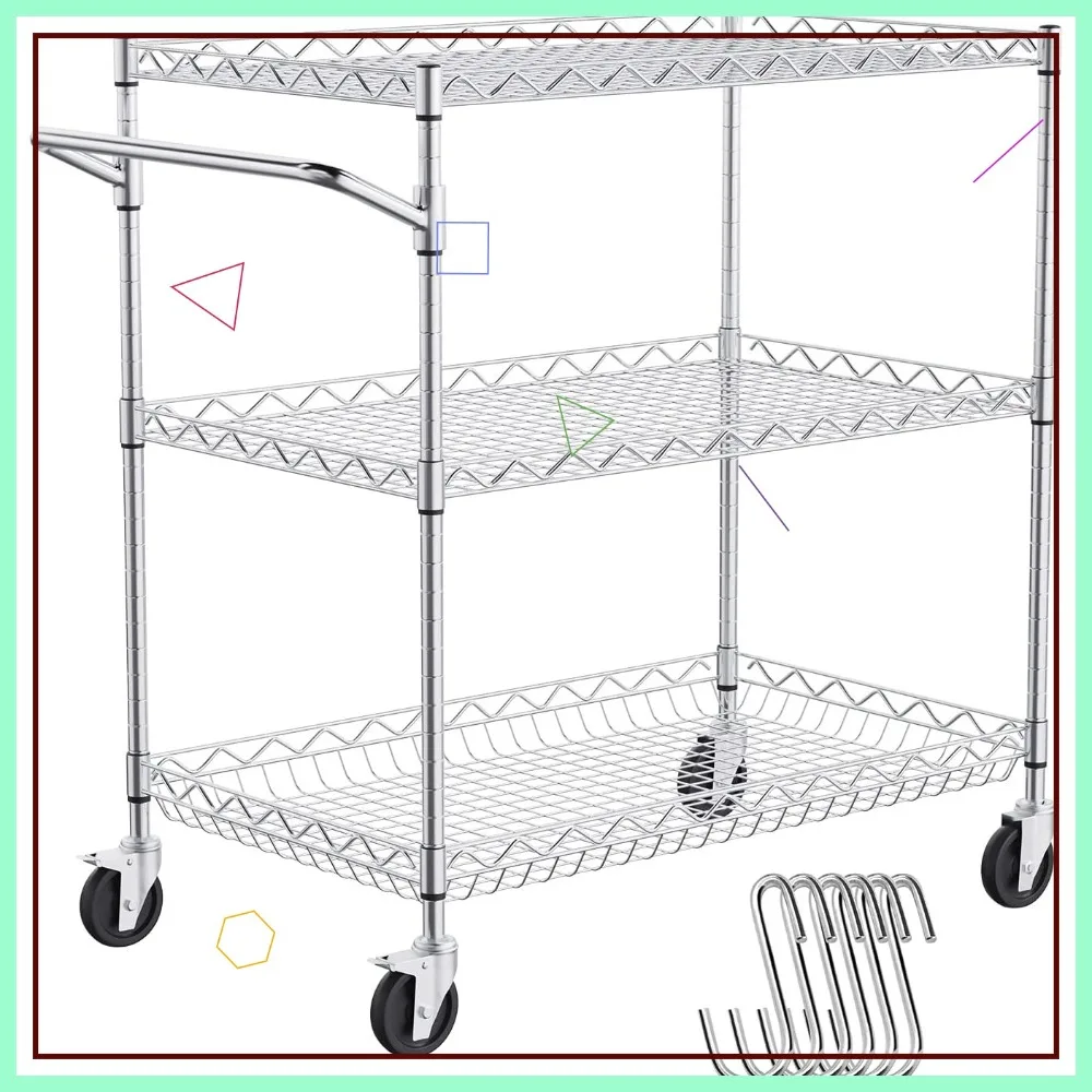 3-Tier Rolling Kitchen Cart with 661 LBS Capacity, Steel Wire Table on Wheels, Deep Basket and Hooks for Storage
3-Tier Rolling Kitchen Cart with 661 LBS Capacity, Steel Wire Table on Wheels, Deep Basket and Hooks for Storage