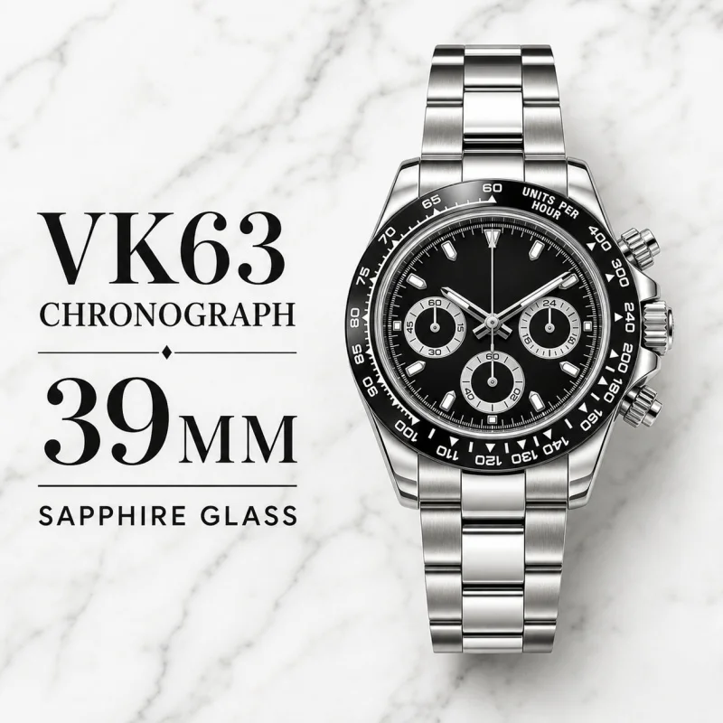VK63 Chronograph 39mm 316L stainless steel sapphire glass case suitable for VK63 quartz movement 5BAR waterproof C3 lumiouns
VK63 Chronograph 39mm 316L stainless steel sapphire glass case suitable for VK63 quartz movement 5BAR waterproof C3 lumiouns