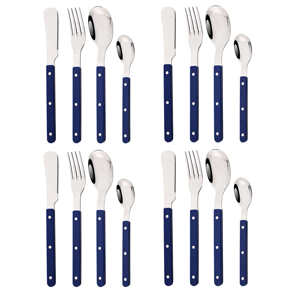 Набор столовых приборов из 16 предметов: ножи, вилки, ложки, чайные ложки, сине-серебристые, с пластиковыми ручками, из нержавеющей стали, для кухни
Набор столовых приборов из 16 предметов: ножи, вилки, ложки, чайные ложки, сине-серебристые, с пластиковыми ручками, из нержавеющей стали, для кухни