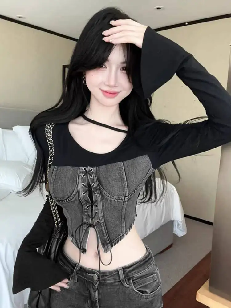 Asymmetrical Neck Vintage Flare Sleeve Chic Cowboy Spliced Slim Bandage Top French Streetwear High Street Autumn Shirts
Asymmetrical Neck Vintage Flare Sleeve Chic Cowboy Spliced Slim Bandage Top French Streetwear High Street Autumn Shirts