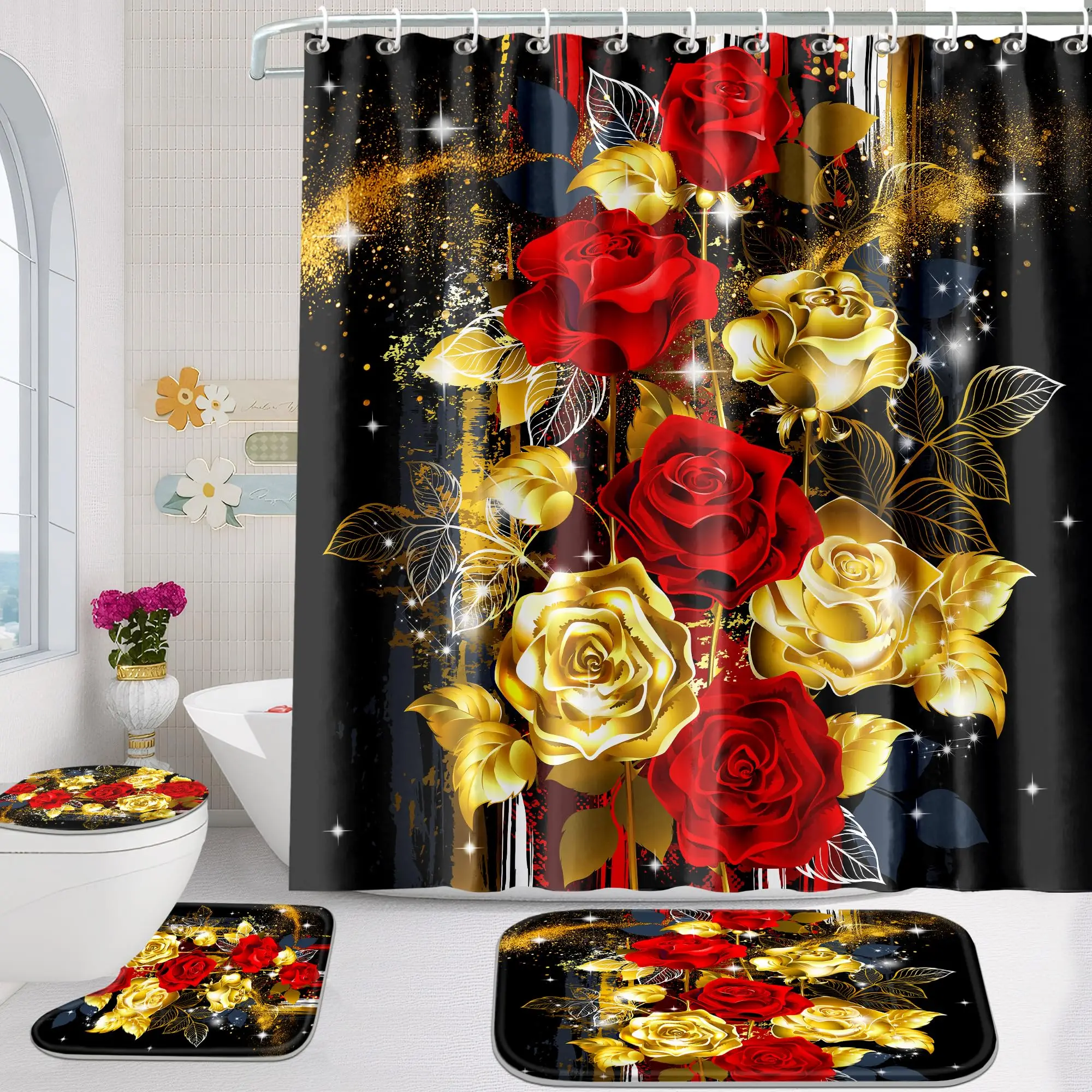 4 Pcs Shower Curtain Set, Rose Bathroom Set,Romantic Shower Curtain Sets with Rugs(Bath Mat,U Shape and Toilet Lid Cover Mat)
4 Pcs Shower Curtain Set, Rose Bathroom Set,Romantic Shower Curtain Sets with Rugs(Bath Mat,U Shape and Toilet Lid Cover Mat)