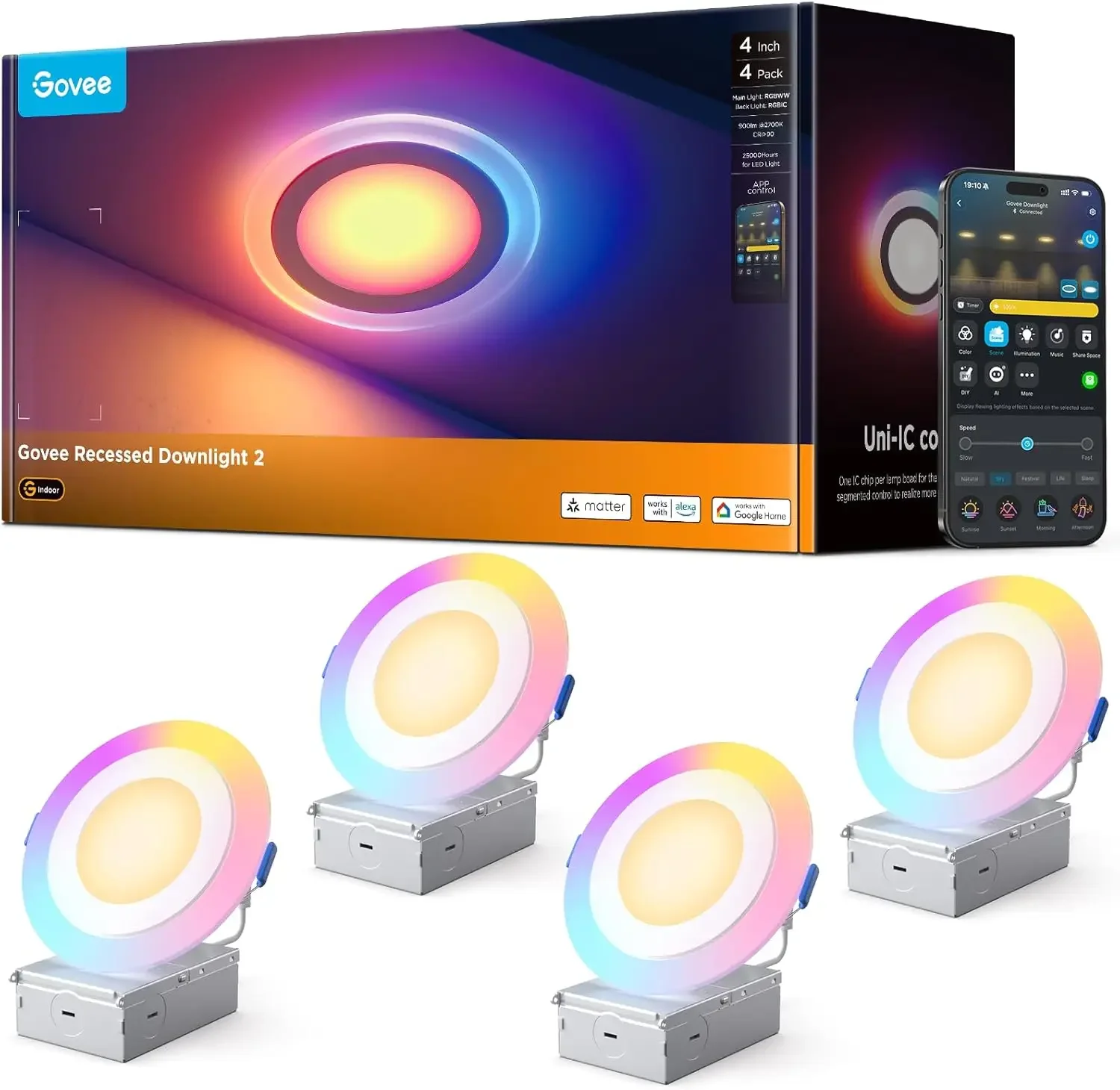 4" RGBIC Smart Recessed Light, Matter & Alexa Compatible, 2700K-6500K Dimmable 900LM, 4 Pack
4" RGBIC Smart Recessed Light, Matter & Alexa Compatible, 2700K-6500K Dimmable 900LM, 4 Pack