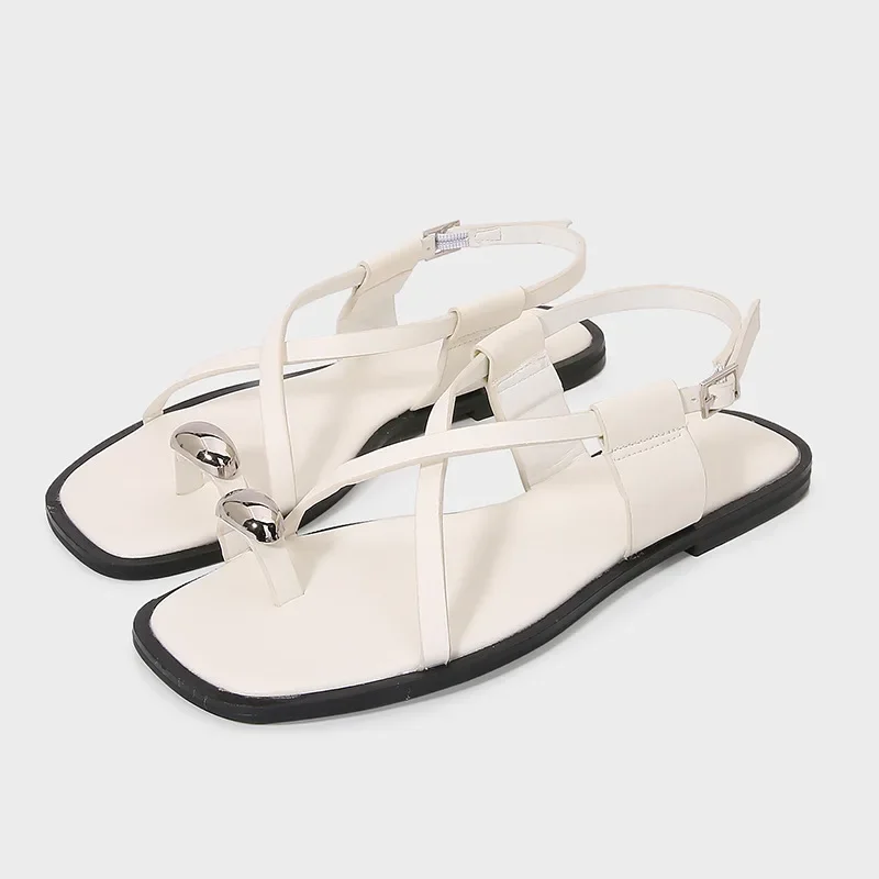 MLZA Women Shoes Flat Sandals Beach Shoes Black and White Comfortable Metal Decorations Fine grained Strip Set Toe Square Head
MLZA Women Shoes Flat Sandals Beach Shoes Black and White Comfortable Metal Decorations Fine grained Strip Set Toe Square Head