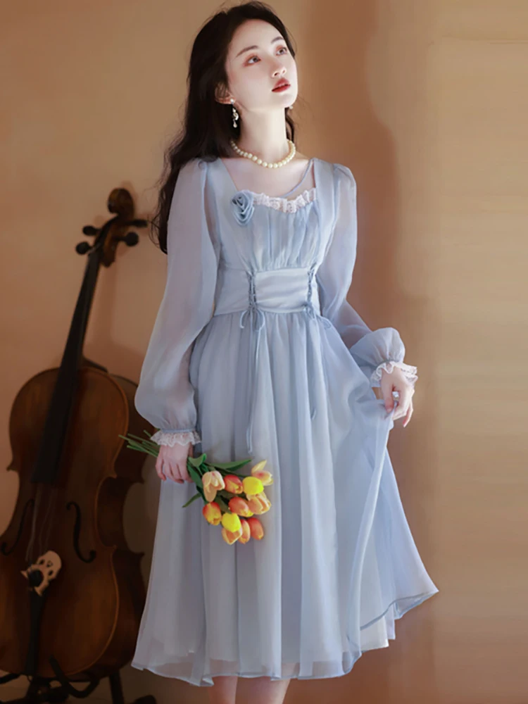 2025 Blue Chiffon Lace Sqaure Collar Long Dresses Women Elegant Bow Bandage Dress Spring Autumn New Elegant Casual Holiday Dress
2025 Blue Chiffon Lace Sqaure Collar Long Dresses Women Elegant Bow Bandage Dress Spring Autumn New Elegant Casual Holiday Dress