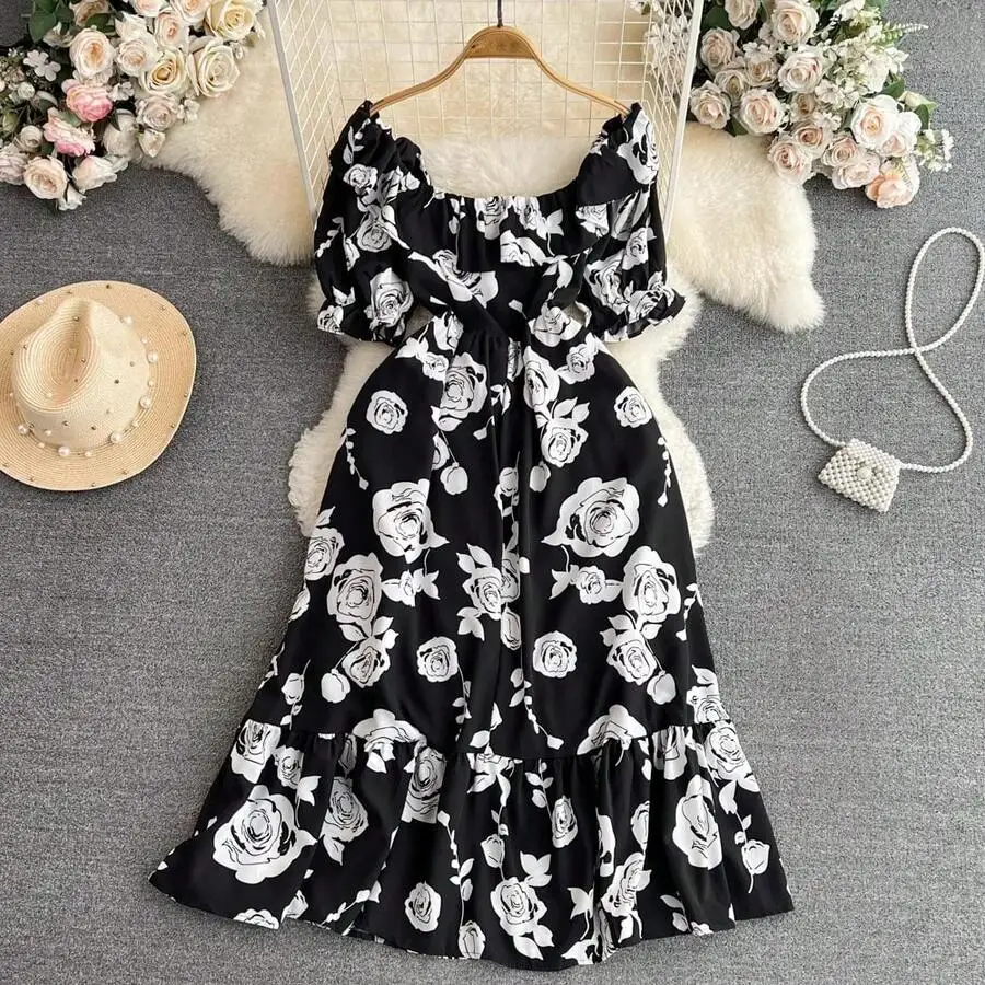 Elegant Square Neck Ruffle Waist Floral Print Midi Dress For Women
Elegant Square Neck Ruffle Waist Floral Print Midi Dress For Women