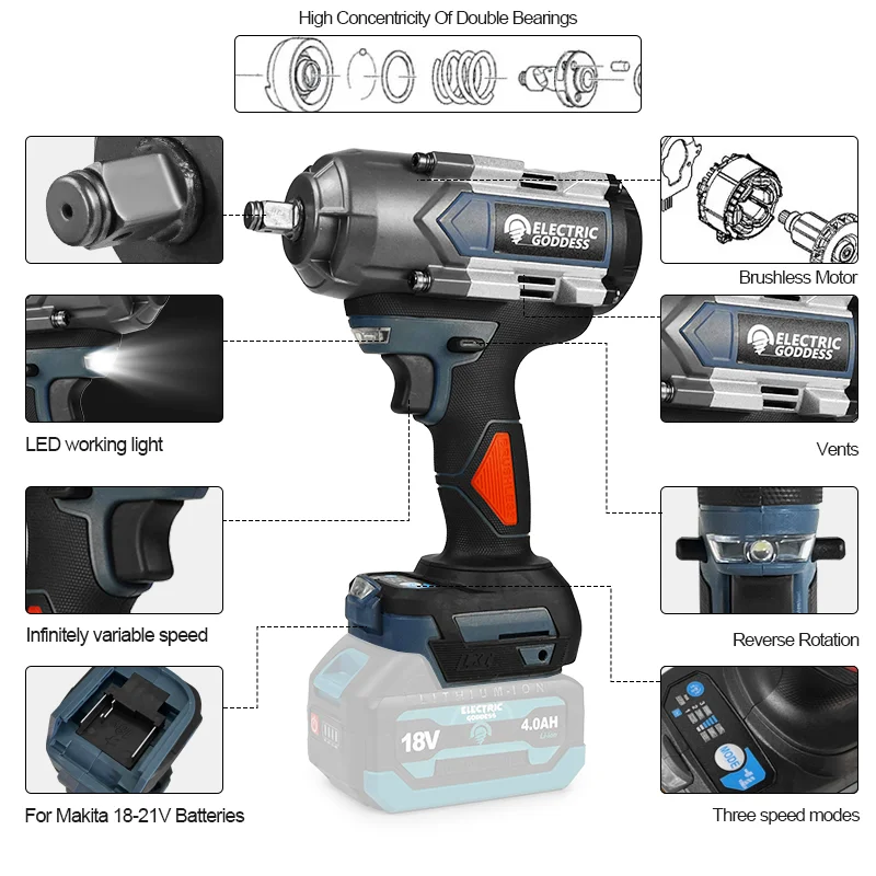 Electric Impact Wrench Car Wheel Cordless Impact Wrench Power Tool For Makita 18V Battery
Electric Impact Wrench Car Wheel Cordless Impact Wrench Power Tool For Makita 18V Battery