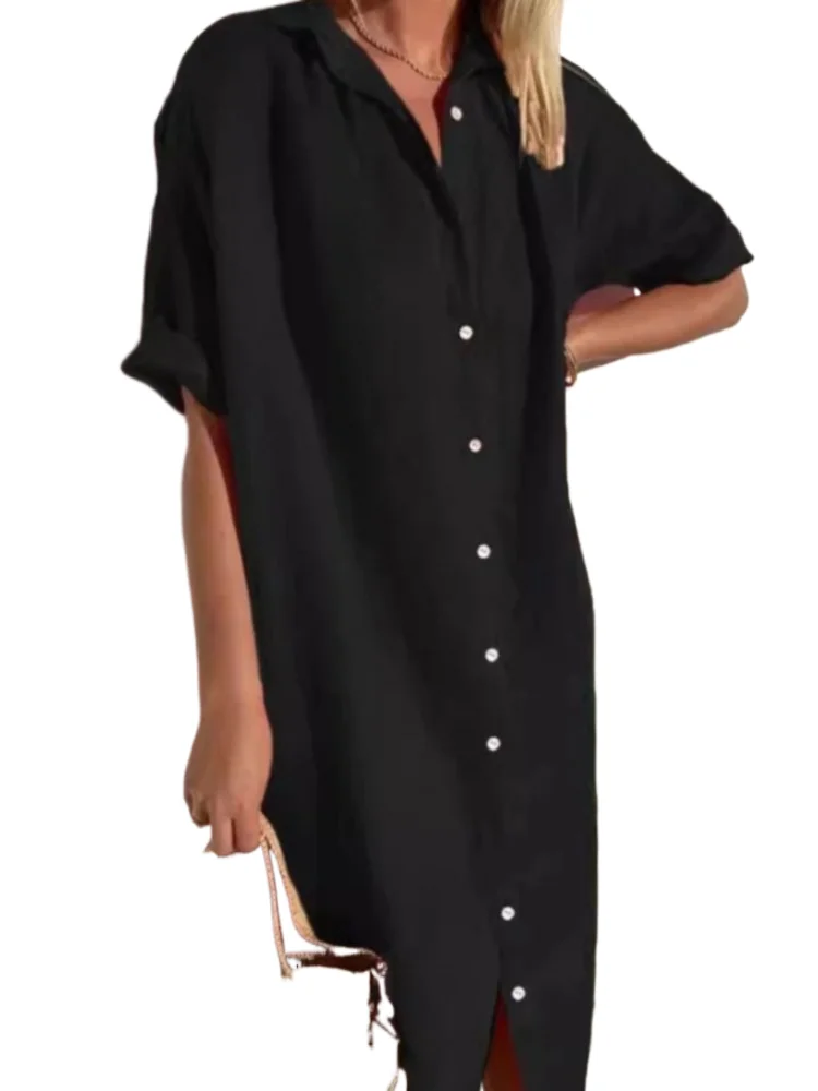 Casual Solid Shirt Dress For Women Fashion Short Sleeve Turn-down Collar Button Loose Dresses Lady Holiday Womens Clothing New
Casual Solid Shirt Dress For Women Fashion Short Sleeve Turn-down Collar Button Loose Dresses Lady Holiday Womens Clothing New
