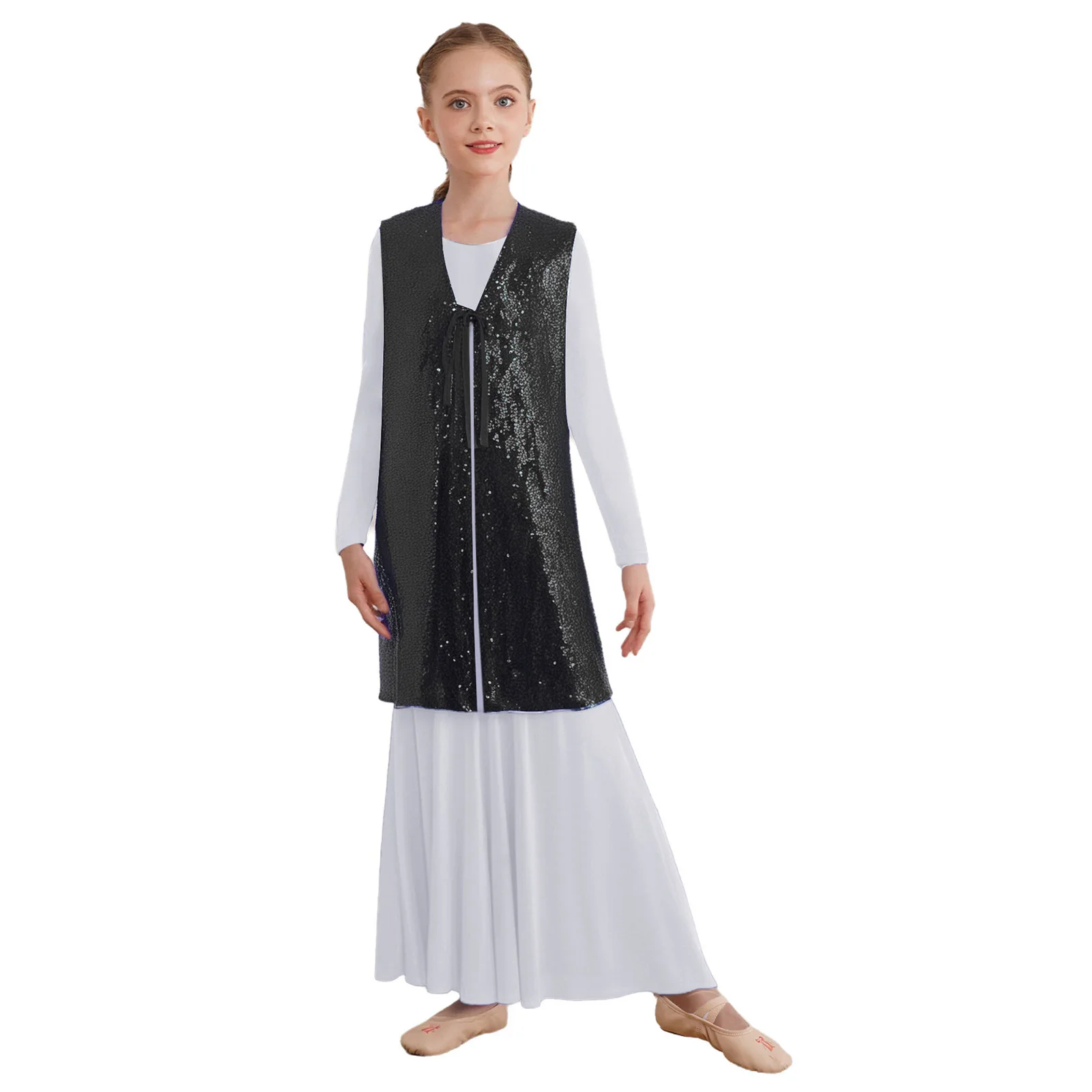 Kids Girls Praise Worship Dance Costume Open Front Self-Tie Sleeveless Split Shiny Sequins Tunic for Modern Dance Performance
Kids Girls Praise Worship Dance Costume Open Front Self-Tie Sleeveless Split Shiny Sequins Tunic for Modern Dance Performance