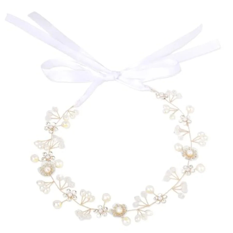 Pearl Wedding Hair Pieces for brides, Gold Rhinestone Flower Hair Vine with White Satin Ribbon, Boho Floral Hair Accessories fo
Pearl Wedding Hair Pieces for brides, Gold Rhinestone Flower Hair Vine with White Satin Ribbon, Boho Floral Hair Accessories fo