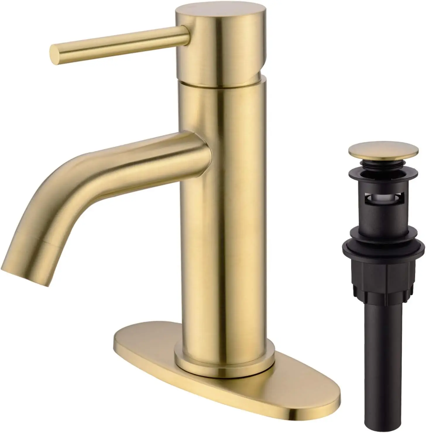 Single Hole Brushed Gold Bathroom Faucet, Modern Brass Sink Faucet with 6" Deck Plate & Pop Up Drain
Single Hole Brushed Gold Bathroom Faucet, Modern Brass Sink Faucet with 6" Deck Plate & Pop Up Drain