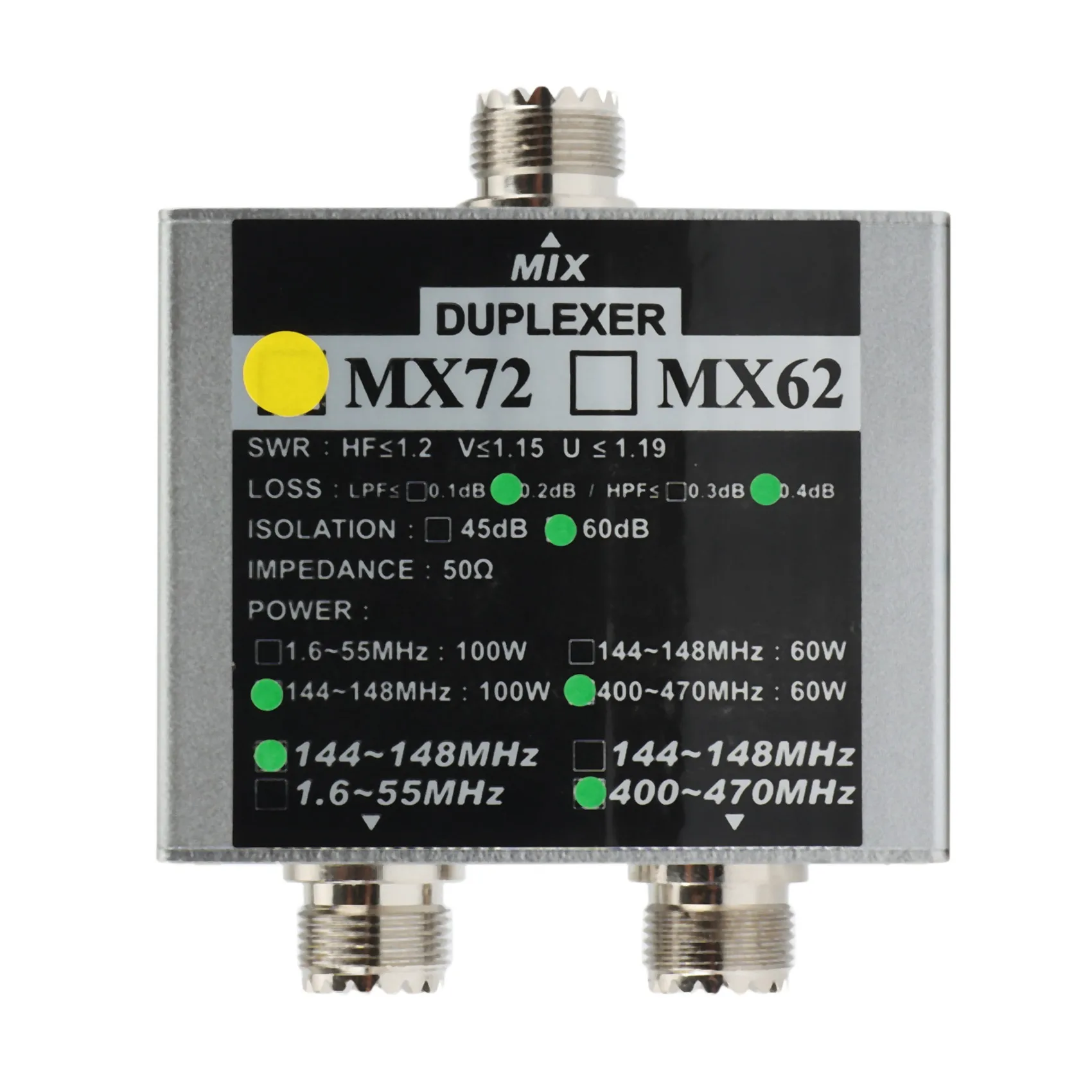 HF Walkie Talkie Ham VHF UHF -Band Amateur Two Way Radio Antenna Combiner MX72 60-100W Linear Antenna Duplexer
HF Walkie Talkie Ham VHF UHF -Band Amateur Two Way Radio Antenna Combiner MX72 60-100W Linear Antenna Duplexer