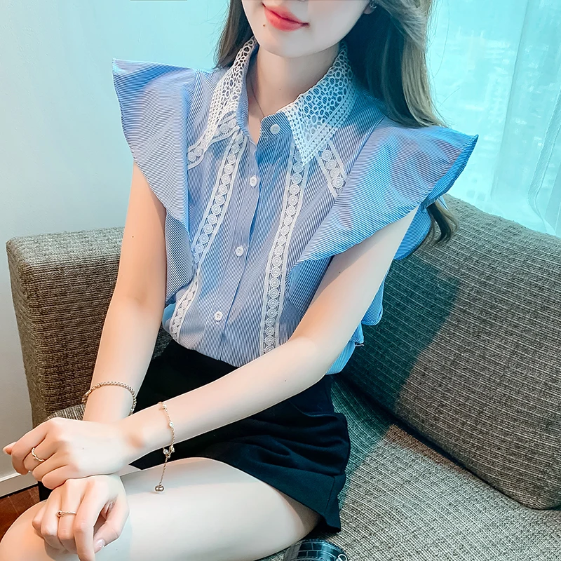 Korean Lace Embroidery Patchwork Shirts & Blouses Blue Striped Sweet Ruffles Shirt Summer Women Flying Sleeve Sleeveless Top
Korean Lace Embroidery Patchwork Shirts & Blouses Blue Striped Sweet Ruffles Shirt Summer Women Flying Sleeve Sleeveless Top