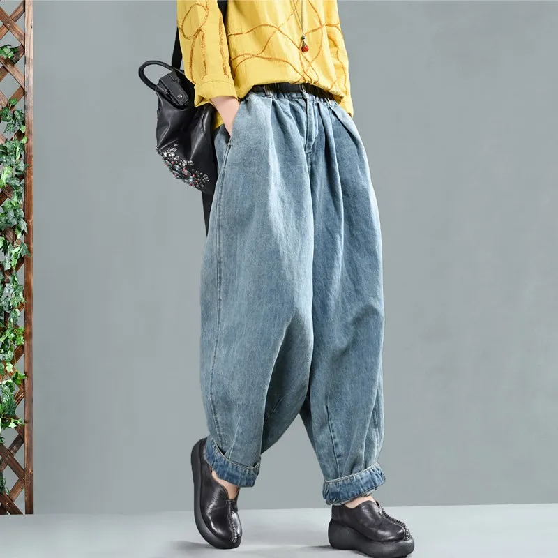 Spring Autumn New Art Style Women Elastic Waist Loose Cotton Denim Ankle-length Pants all-matched Casual vintage Blue Jeans P458
Spring Autumn New Art Style Women Elastic Waist Loose Cotton Denim Ankle-length Pants all-matched Casual vintage Blue Jeans P458