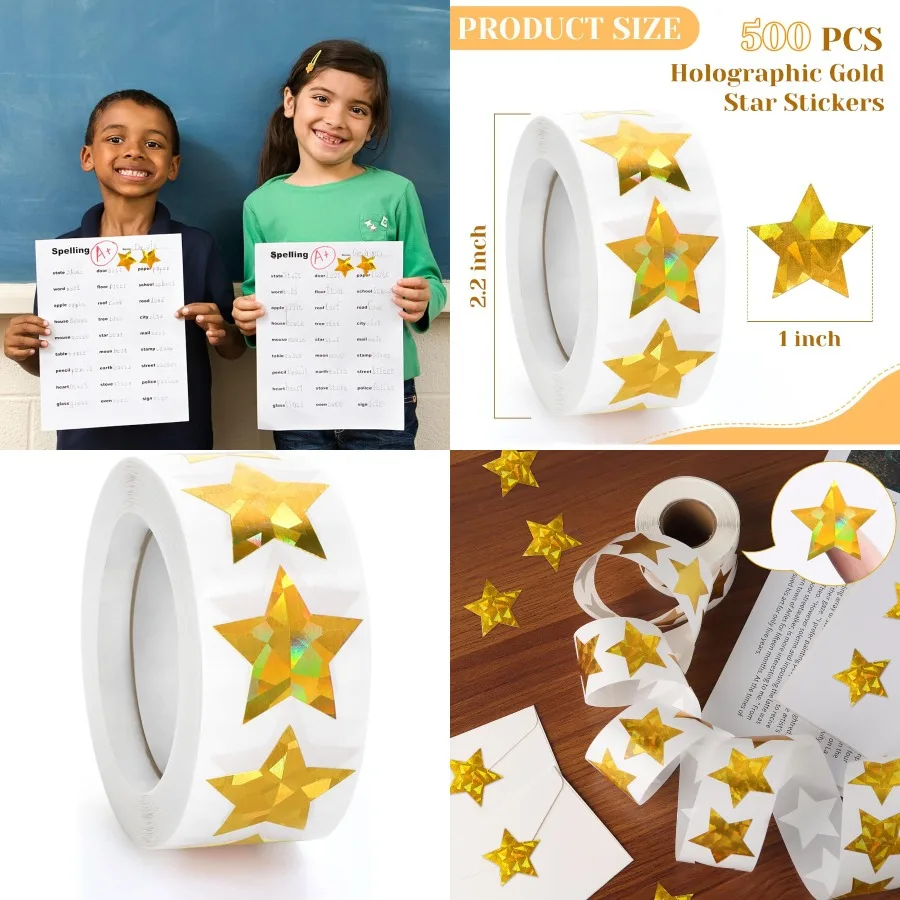 500 PCS Holographic Gold Star Stickers 1 Inch Self Adhesive Metallic Glitter Foil Stickers Sparkly Star Sticker Reward Behavior
500 PCS Holographic Gold Star Stickers 1 Inch Self Adhesive Metallic Glitter Foil Stickers Sparkly Star Sticker Reward Behavior