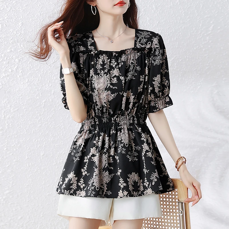 Korean Style plus Size Women's Summer New Square Collar Waist in T-Shirt Short Sleeve Floral Print Base Shirt Commute Style
Korean Style plus Size Women's Summer New Square Collar Waist in T-Shirt Short Sleeve Floral Print Base Shirt Commute Style