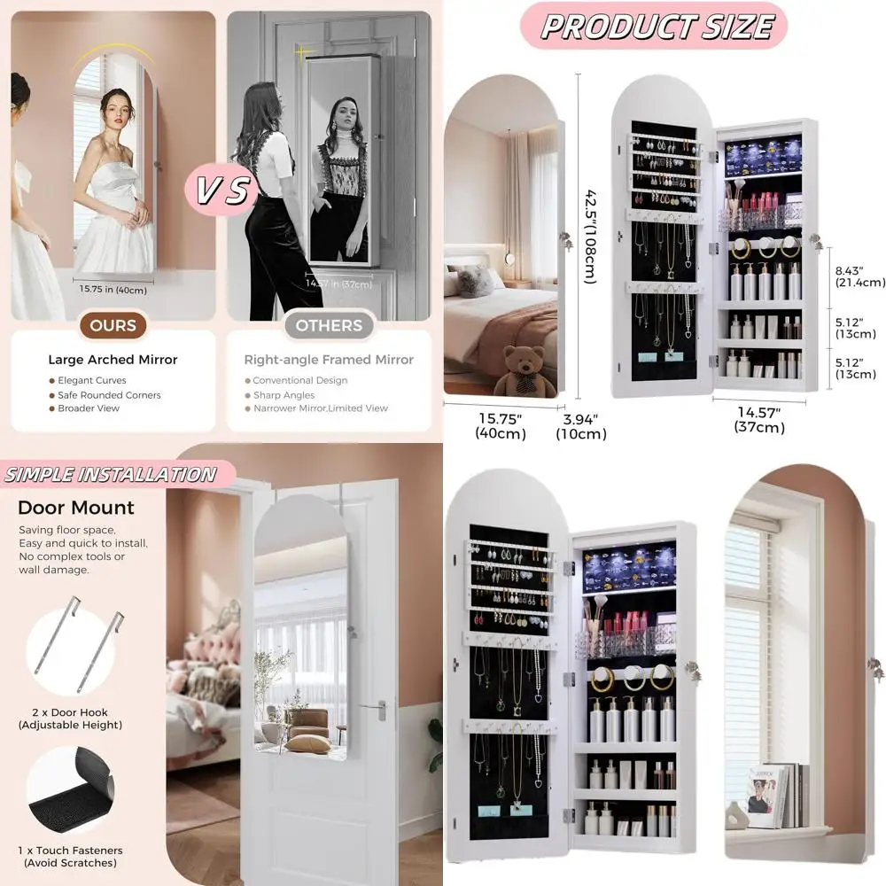Wall-Mounted Jewelry Cabinet with LED Light, Mirror & Lock, White
Wall-Mounted Jewelry Cabinet with LED Light, Mirror & Lock, White
