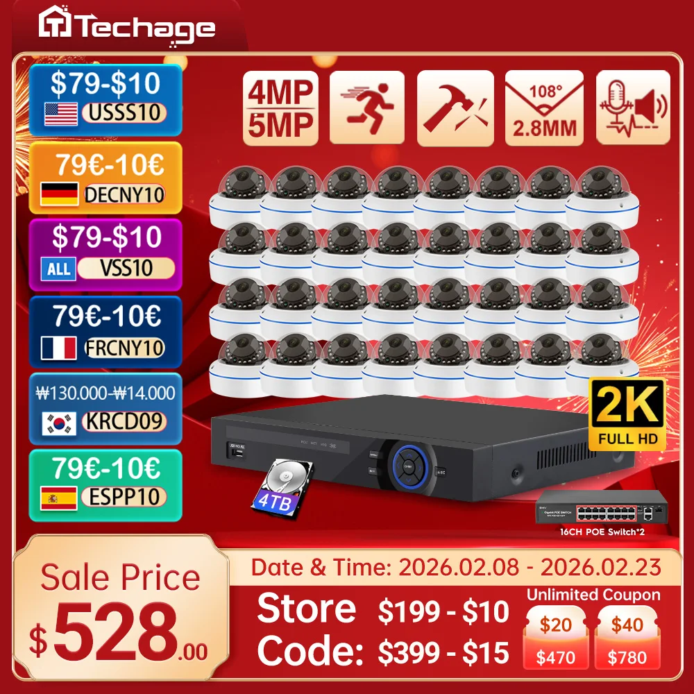 Techage 32CH 4MP 5MP POE Security Camera System Vandalproof IP Camera Audio Record Face Detection H.265 CCTV Video Surveillance
Techage 32CH 4MP 5MP POE Security Camera System Vandalproof IP Camera Audio Record Face Detection H.265 CCTV Video Surveillance