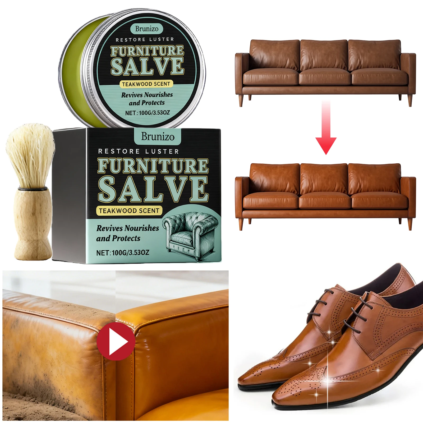 Furniture Salve with Brush 3.53oz Polisher and Conditioner Repair Salve for Leather Couch and Furniture
Furniture Salve with Brush 3.53oz Polisher and Conditioner Repair Salve for Leather Couch and Furniture
