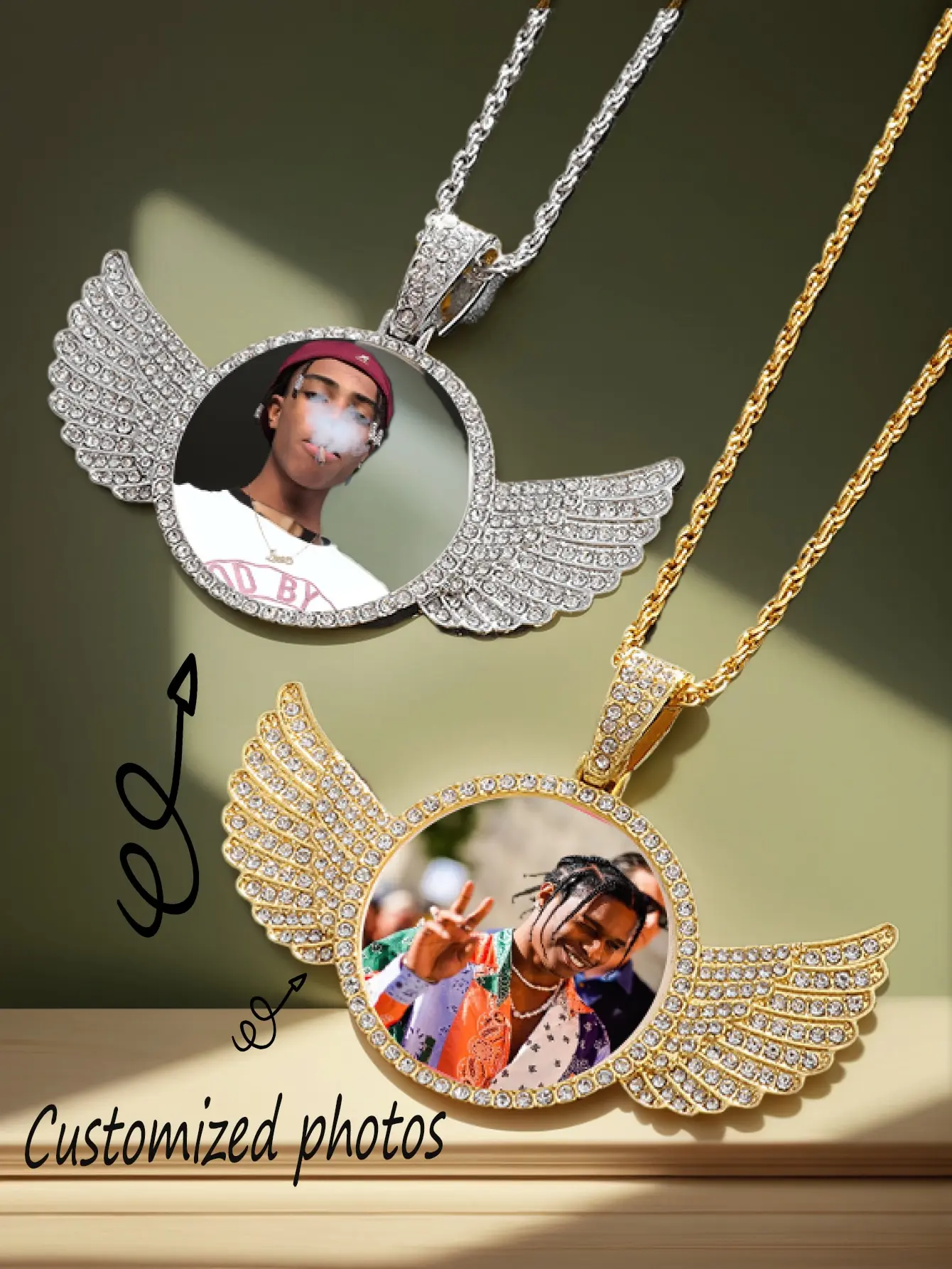 Custom Photo Angel Wings Necklace with Rhinestones, Gold & Silver Options for Hip Hop Style
Custom Photo Angel Wings Necklace with Rhinestones, Gold & Silver Options for Hip Hop Style