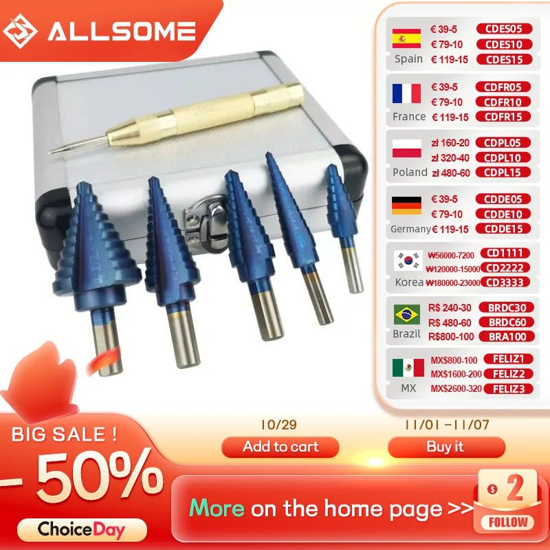 ALLSOME 6Pcs HSS Nano Blue Coated Step Drill Bit With Center Punch Set Hole Cutter Drilling Tool HT2887
ALLSOME 6Pcs HSS Nano Blue Coated Step Drill Bit With Center Punch Set Hole Cutter Drilling Tool HT2887