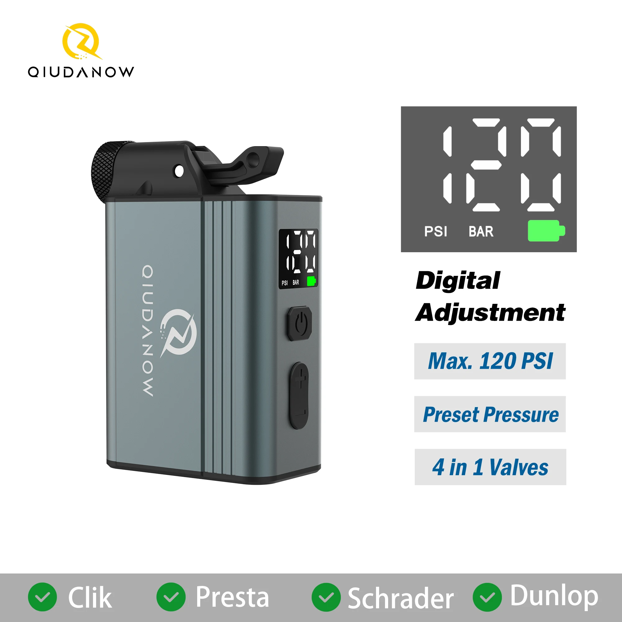 Портативный электрический насос для велосипедных шин с цифровым дисплеем, карманный насос для накачки шин, совместимый с клапанами Clik, Schrader, Presta, Dunlop.
Портативный электрический насос для велосипедных шин с цифровым дисплеем, карманный насос для накачки шин, совместимый с клапанами Clik, Schrader, Presta, Dunlop.