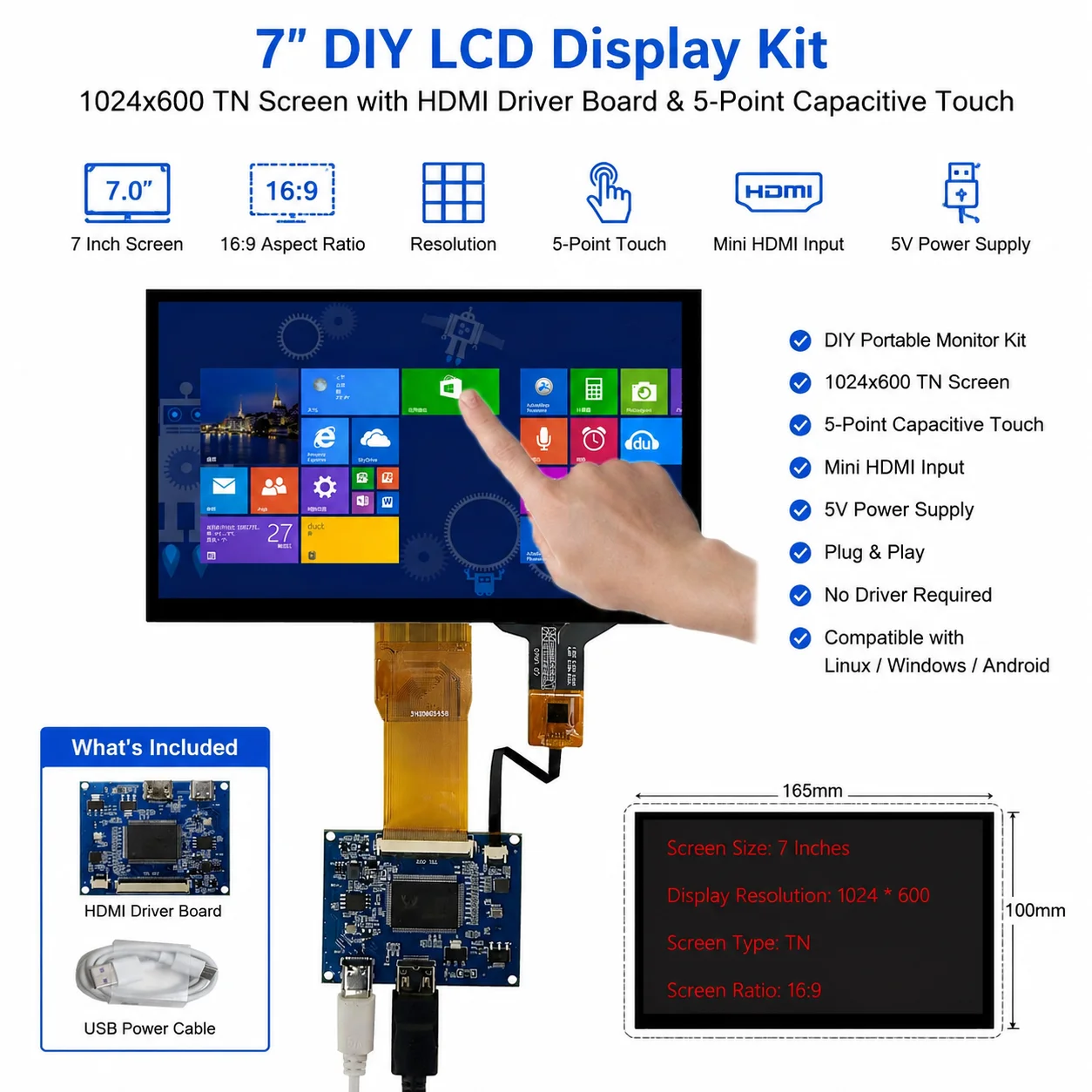 Portable 7 Inch Touch Display Kit HD LCD Screen Panel +HDMI Driver Controller Board for Raspberry Pi PC Windows Portable Monitor
Portable 7 Inch Touch Display Kit HD LCD Screen Panel +HDMI Driver Controller Board for Raspberry Pi PC Windows Portable Monitor