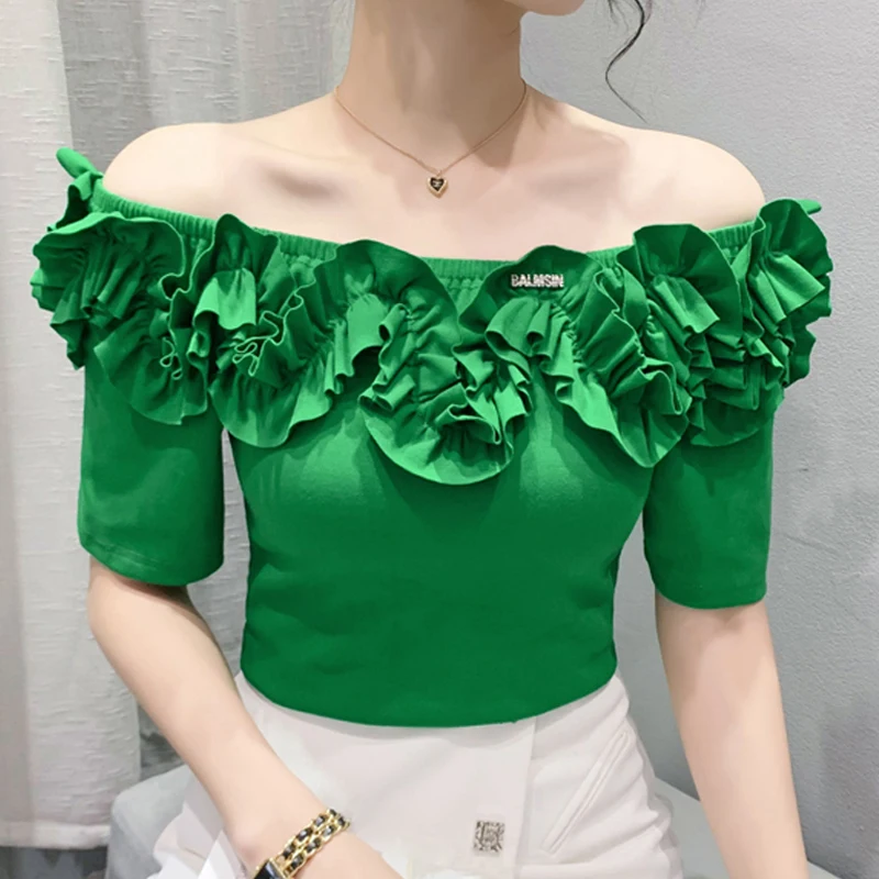 Elegant Off-the-shoulder Sexy Women Shirt Short Sleeve Ruffles Summer Blouse Green White Ladies Casual Tops Blusas Mujer 26946
Elegant Off-the-shoulder Sexy Women Shirt Short Sleeve Ruffles Summer Blouse Green White Ladies Casual Tops Blusas Mujer 26946