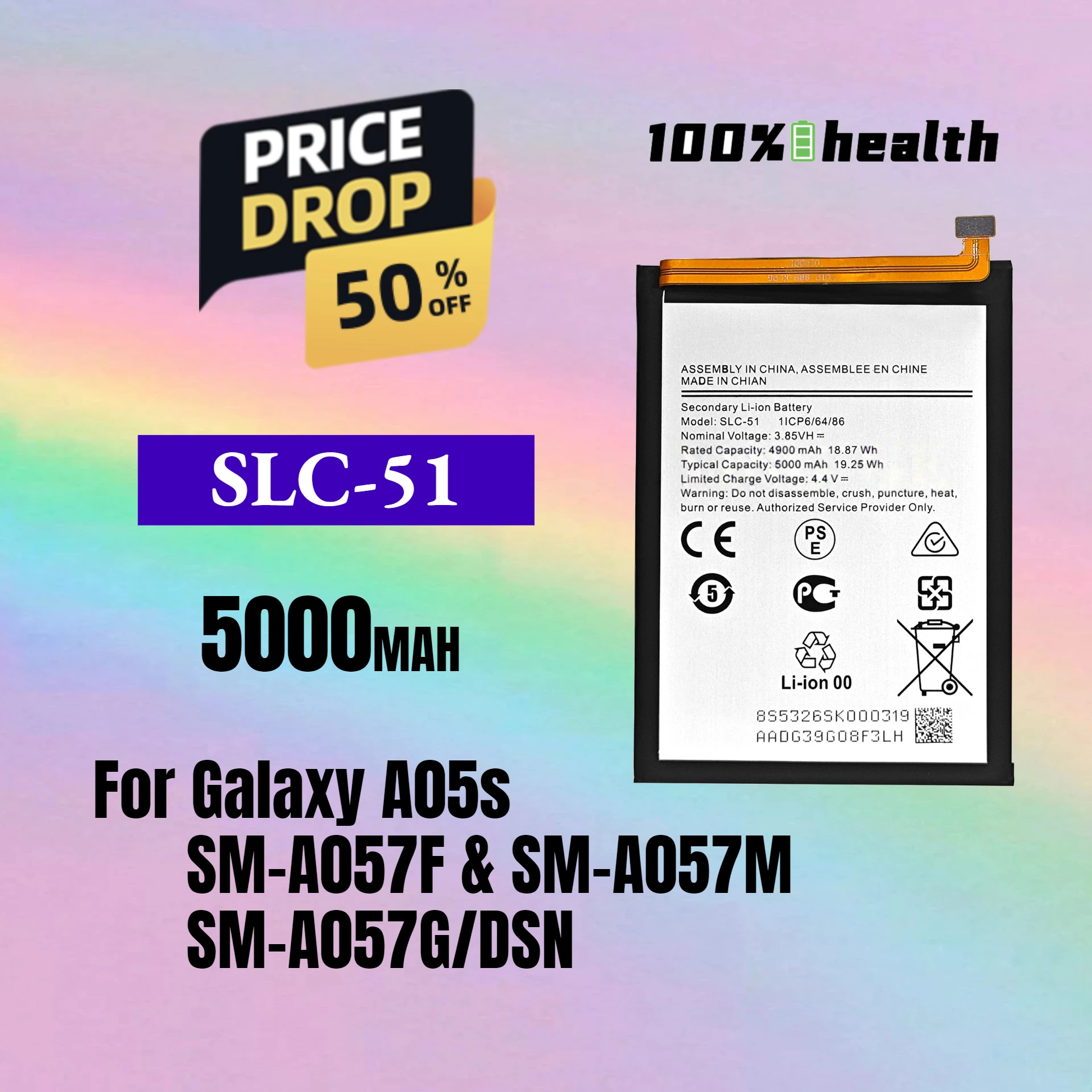 SLC-51 High Capacity 5000mAh mobile phone battery for Samsung A05s Mobile Phones Rechargeable Lithium Battery
SLC-51 High Capacity 5000mAh mobile phone battery for Samsung A05s Mobile Phones Rechargeable Lithium Battery
