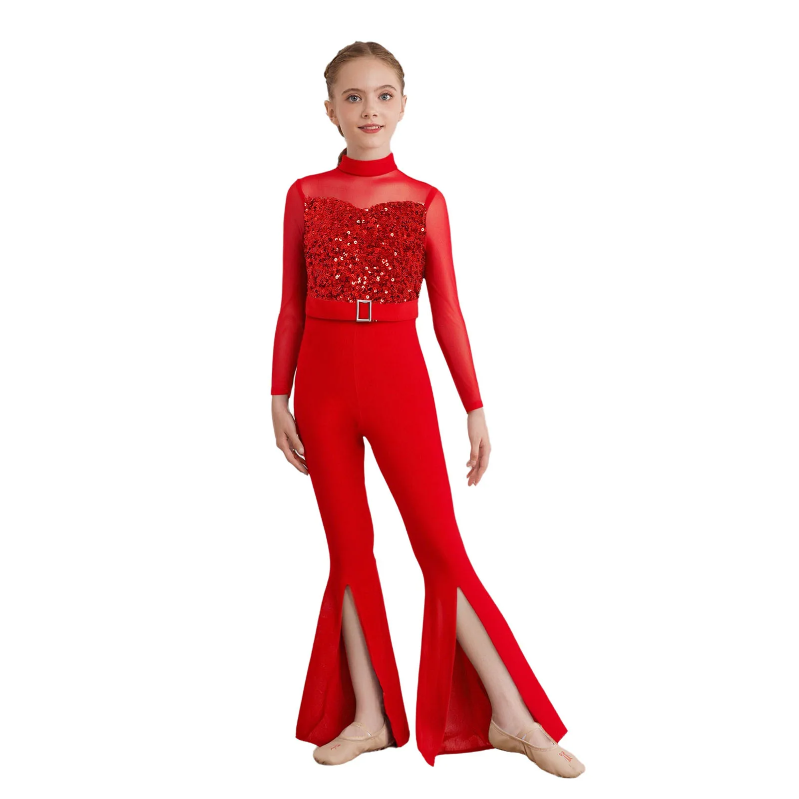 Kids Girls Jazz Dance Rompers Long Sleeve Cutout Back Sequins Bodice Split Bell-Bottom Jumpsuit for Latin Cha-cha Performance
Kids Girls Jazz Dance Rompers Long Sleeve Cutout Back Sequins Bodice Split Bell-Bottom Jumpsuit for Latin Cha-cha Performance