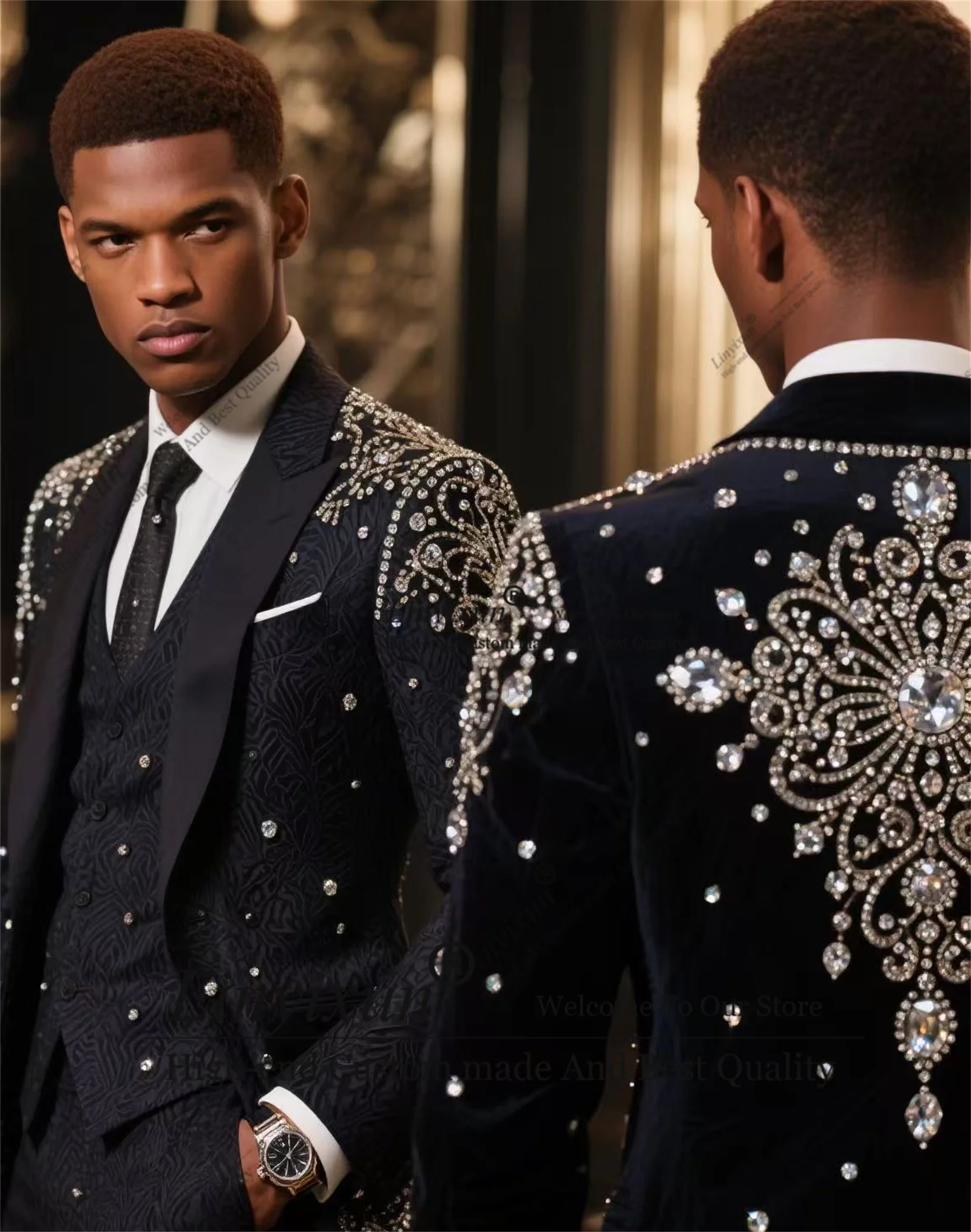 Luxury Beaded Diamond Men Suits 3 Pieces Sets Wedding Groom Tuxedo Glitter Lapel Male Prom Blazer Slim Customized Costume Homme
Luxury Beaded Diamond Men Suits 3 Pieces Sets Wedding Groom Tuxedo Glitter Lapel Male Prom Blazer Slim Customized Costume Homme