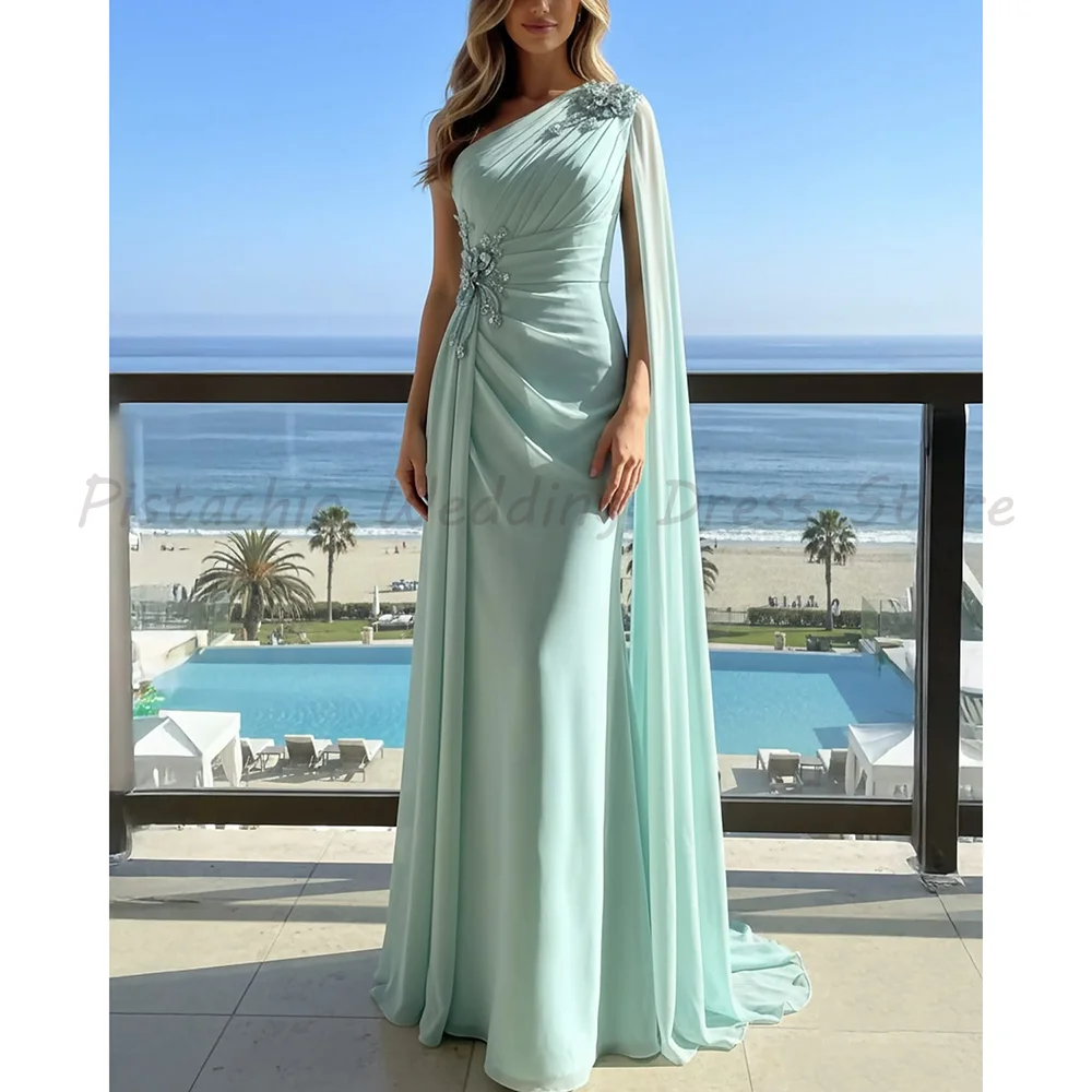 Mint Green One Shoulder Chiffon Evening Dress With Cape Sleeve Beaded Floral Applique Ruched Mermaid Formal Party Gown
Mint Green One Shoulder Chiffon Evening Dress With Cape Sleeve Beaded Floral Applique Ruched Mermaid Formal Party Gown