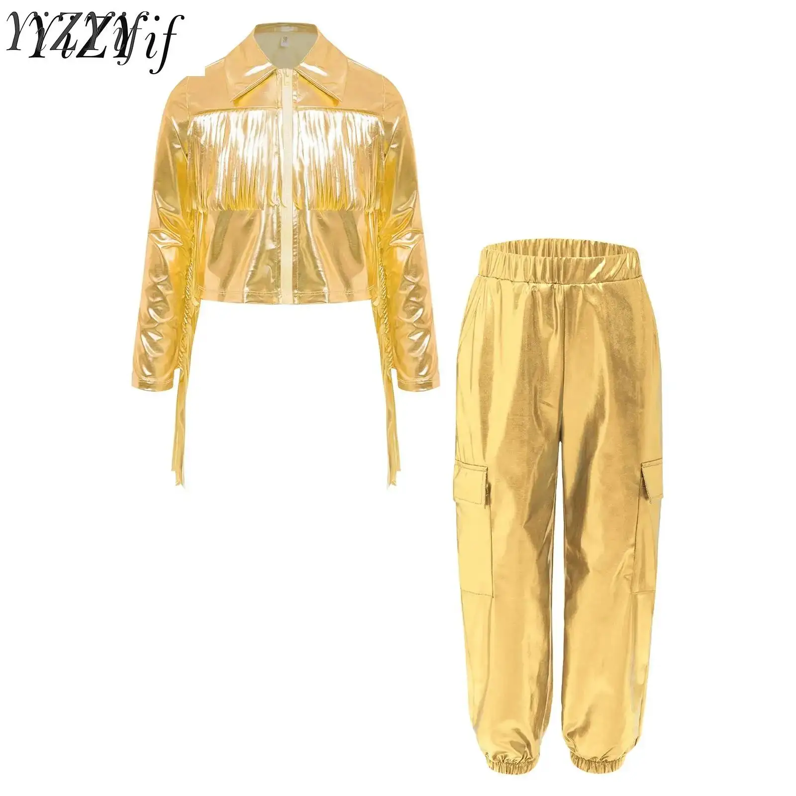 Kids Girls Latin Jazz Dance Sets Hip-Hop Costume Turn-Down Collar Long Sleeve Zipper Tassels Metallic Jacket with Pants Outfits
Kids Girls Latin Jazz Dance Sets Hip-Hop Costume Turn-Down Collar Long Sleeve Zipper Tassels Metallic Jacket with Pants Outfits