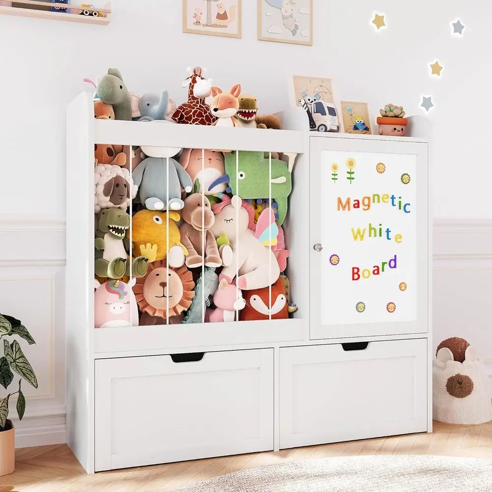 40-Inch Wooden Toy Organizer with Magnetic Chalkboard, Storage for Stuffed Animals, and 2 Mobile Drawers for Kids' Playroom, Nur
40-Inch Wooden Toy Organizer with Magnetic Chalkboard, Storage for Stuffed Animals, and 2 Mobile Drawers for Kids' Playroom, Nur