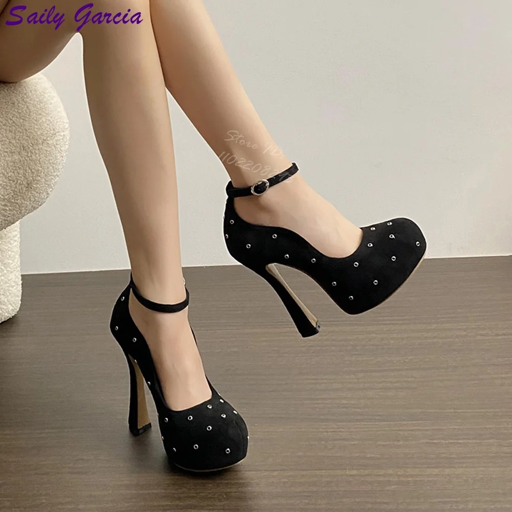 Rivet Black Chunky Heel Pumps Suede Solid Pointed Toe Shallow Stiletto Shoes Buckle Straps 2025 Summer Fashion Dress Women New
Rivet Black Chunky Heel Pumps Suede Solid Pointed Toe Shallow Stiletto Shoes Buckle Straps 2025 Summer Fashion Dress Women New