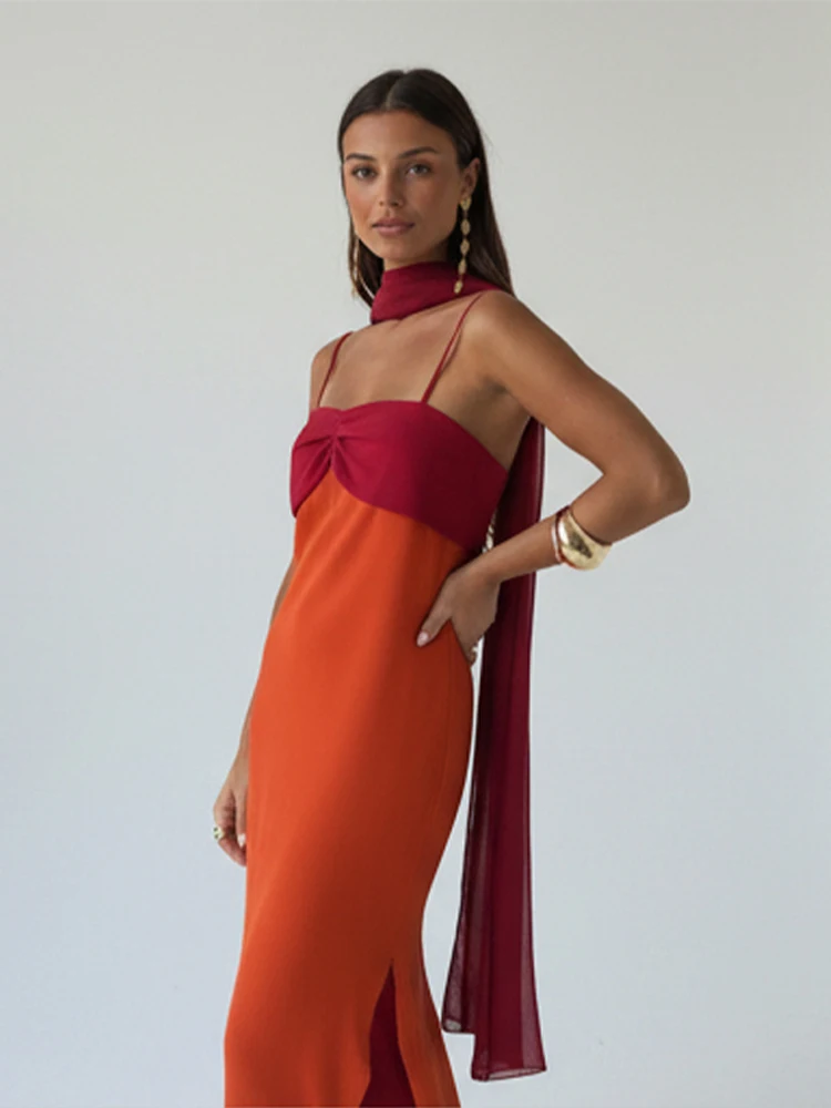 Contrasting Sling Maxi Dress Women's Elegant High Waist Scarf Collar Slim Split Dresses 2026 Summer Lady Banquet Street Robes
Contrasting Sling Maxi Dress Women's Elegant High Waist Scarf Collar Slim Split Dresses 2026 Summer Lady Banquet Street Robes
