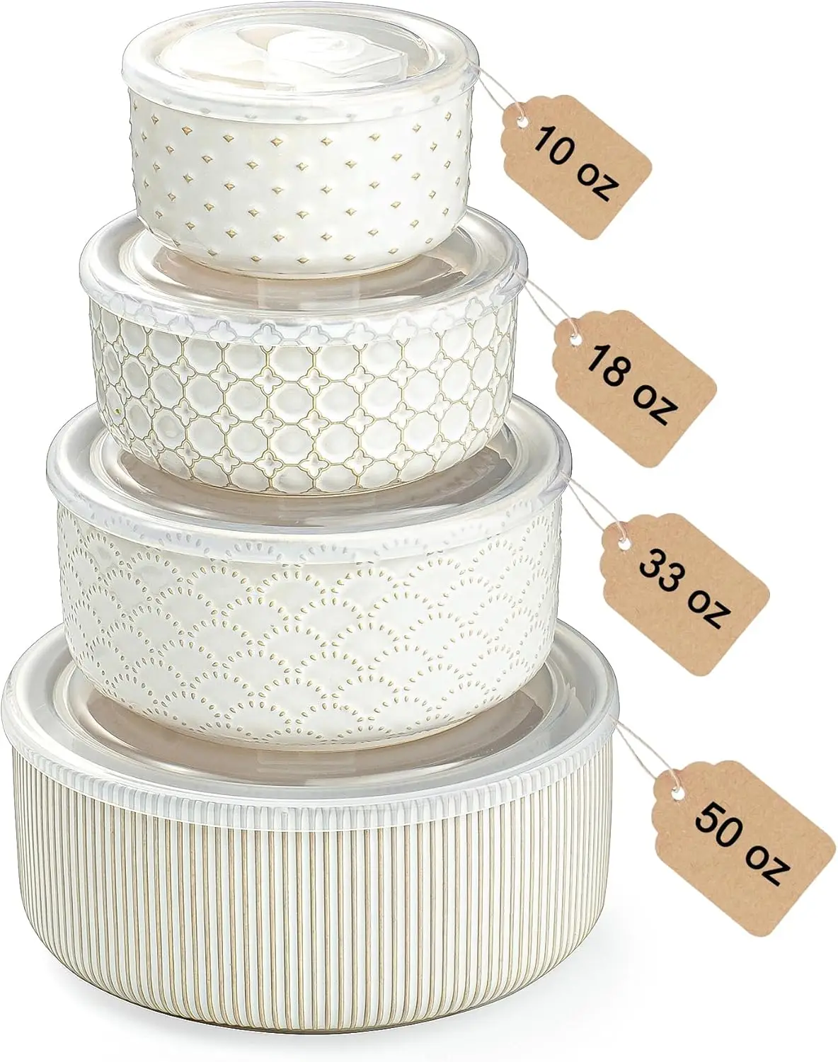 Ceramic Mixing Bowls with Lids Set of 4, Nesting Bowls for Prep & Storage, 10/18/33/50 OZ, Off-White, Microwave & Dishwasher
Ceramic Mixing Bowls with Lids Set of 4, Nesting Bowls for Prep & Storage, 10/18/33/50 OZ, Off-White, Microwave & Dishwasher