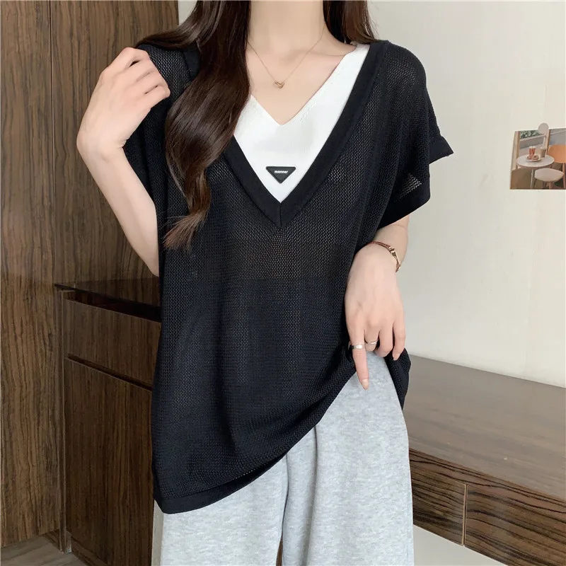 Sexy Summer Ice Silk Knit Sweater Pullover Women Fake Two Pieces Casual Fashion Loose All Match Tees T-shirt Short Sleeve Tops
Sexy Summer Ice Silk Knit Sweater Pullover Women Fake Two Pieces Casual Fashion Loose All Match Tees T-shirt Short Sleeve Tops