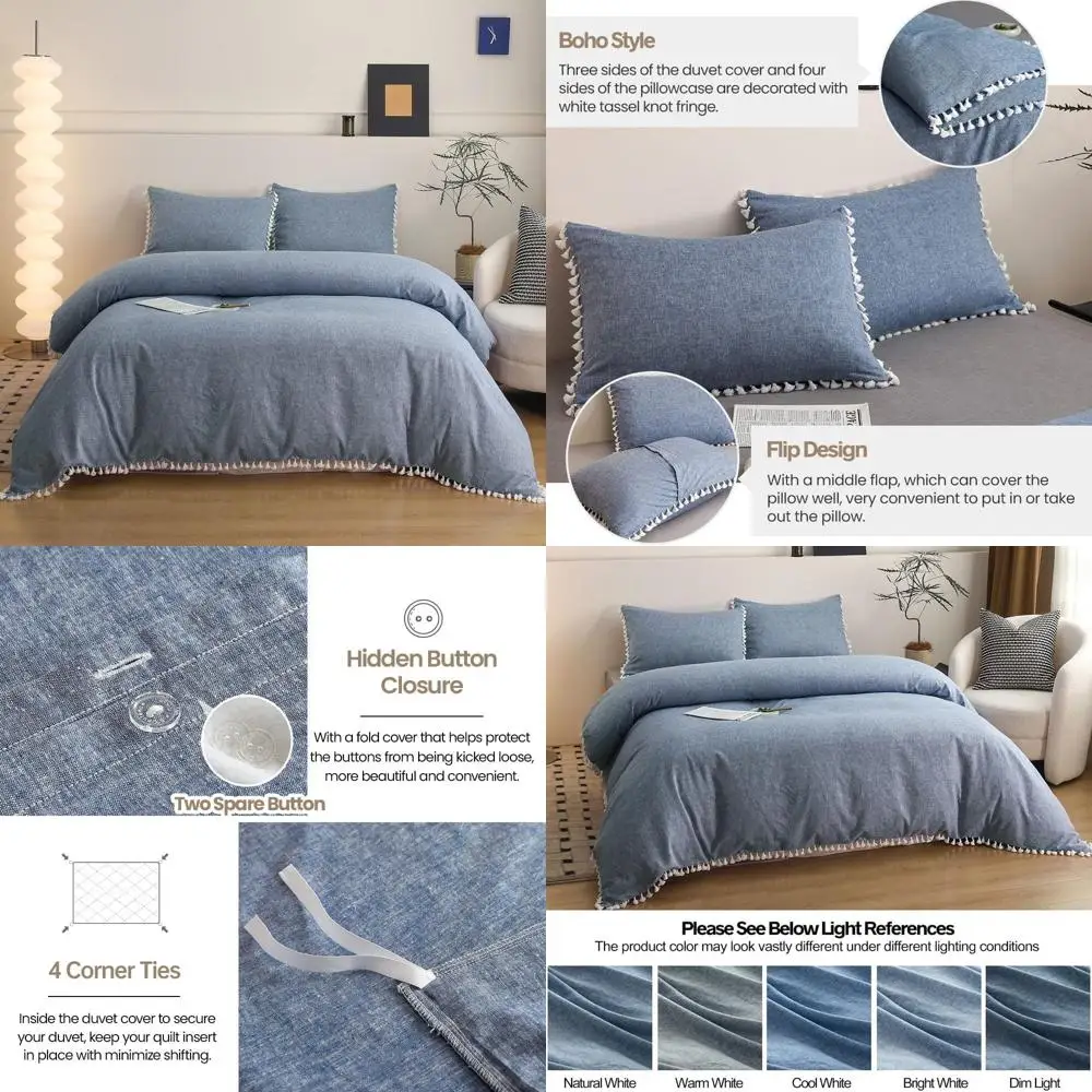 Queen Size Boho Flax Cotton Blend Duvet Cover Set with Tassel Fringes, Ultra Soft Breathable, 2 Pillowcases, Dark Blue
Queen Size Boho Flax Cotton Blend Duvet Cover Set with Tassel Fringes, Ultra Soft Breathable, 2 Pillowcases, Dark Blue
