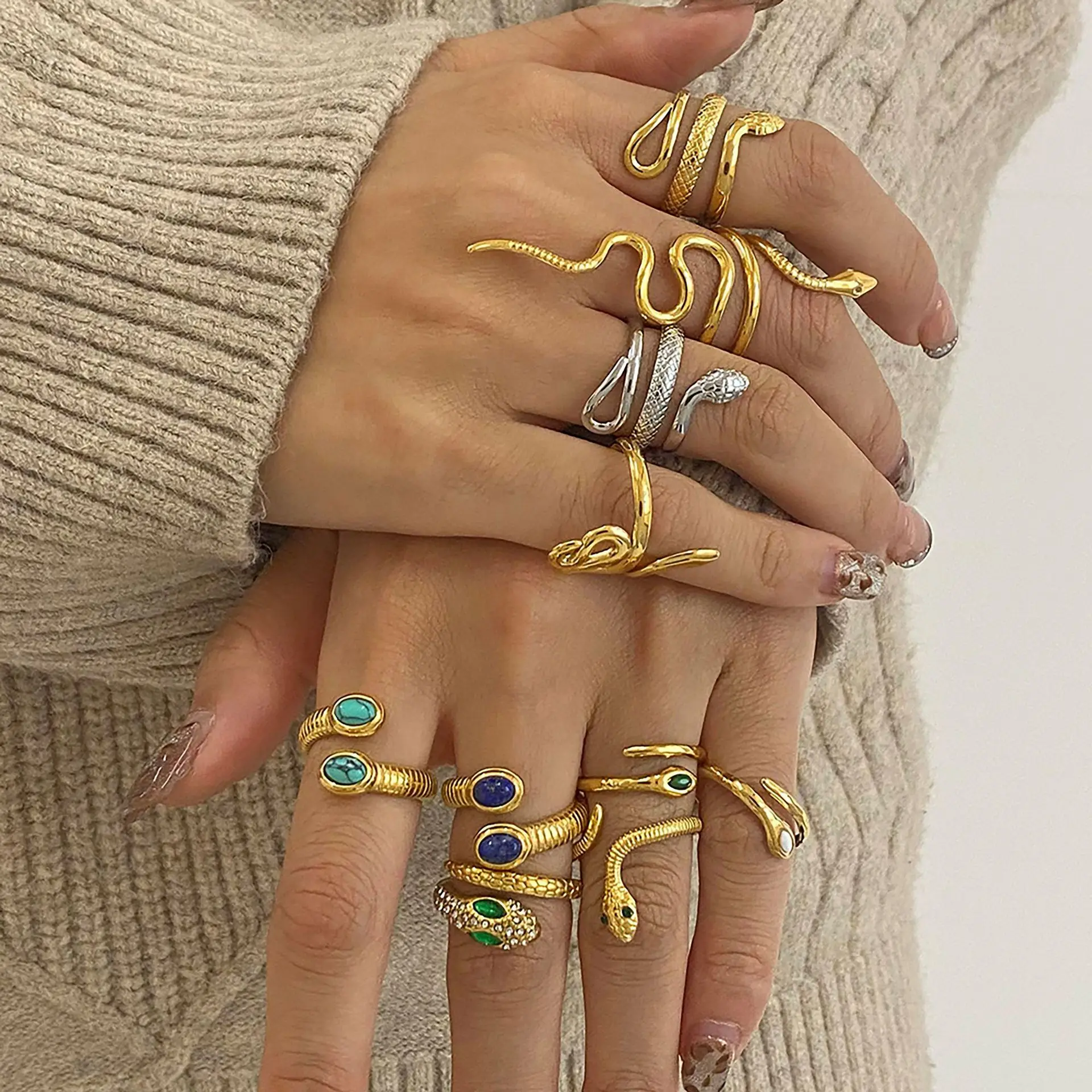 Waterproof 18k Gold Plated Stainless Steel Jewelry Open Thread Inlaid Lapis Lazuli Turquoise Stone bead Snake Rings Party
Waterproof 18k Gold Plated Stainless Steel Jewelry Open Thread Inlaid Lapis Lazuli Turquoise Stone bead Snake Rings Party