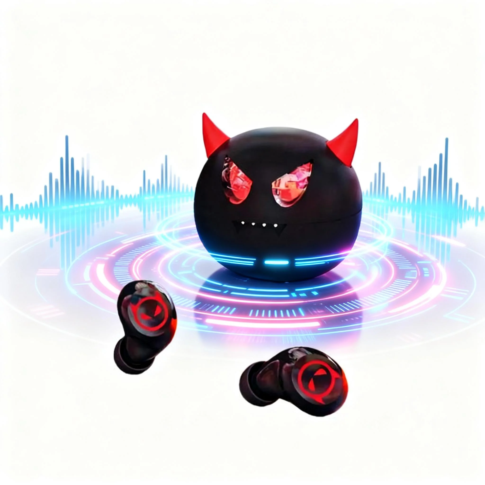 Demon Earbuds: Scarlet Gaze Black Spherical Case In-Ear Headphones with Red Glowing Eyes Combat-Style Logo for Dark Energy Audio
Demon Earbuds: Scarlet Gaze Black Spherical Case In-Ear Headphones with Red Glowing Eyes Combat-Style Logo for Dark Energy Audio