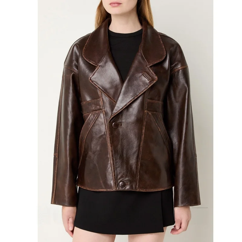 Women's Autumn Winter Deep Coffee Color Faux Oil Wax Leather Loose Suit Collar Outerwear Jacket Warmth Long Sleeve Double Button
Women's Autumn Winter Deep Coffee Color Faux Oil Wax Leather Loose Suit Collar Outerwear Jacket Warmth Long Sleeve Double Button
