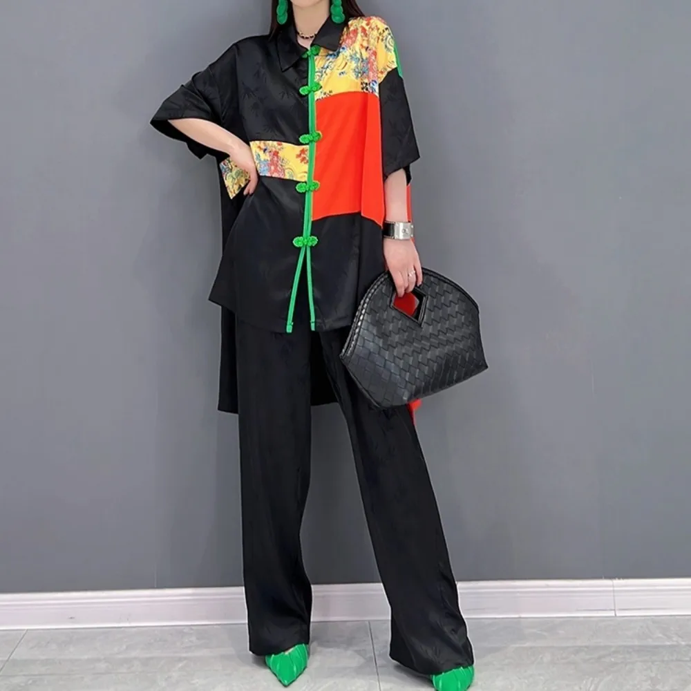 2024 Summer New Fashion Pant Set Women Chinese Style Button Short Sleeve Spliced Shirt + Wide Leg Pants Two Piece Set ZF010
2024 Summer New Fashion Pant Set Women Chinese Style Button Short Sleeve Spliced Shirt + Wide Leg Pants Two Piece Set ZF010