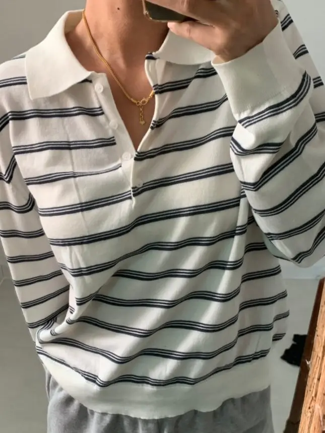 Vintage Striped Knit Polo Top Women Long Sleeve Loose Sweater Casual Knit Blouse Spring Autumn Daily Wear
Vintage Striped Knit Polo Top Women Long Sleeve Loose Sweater Casual Knit Blouse Spring Autumn Daily Wear