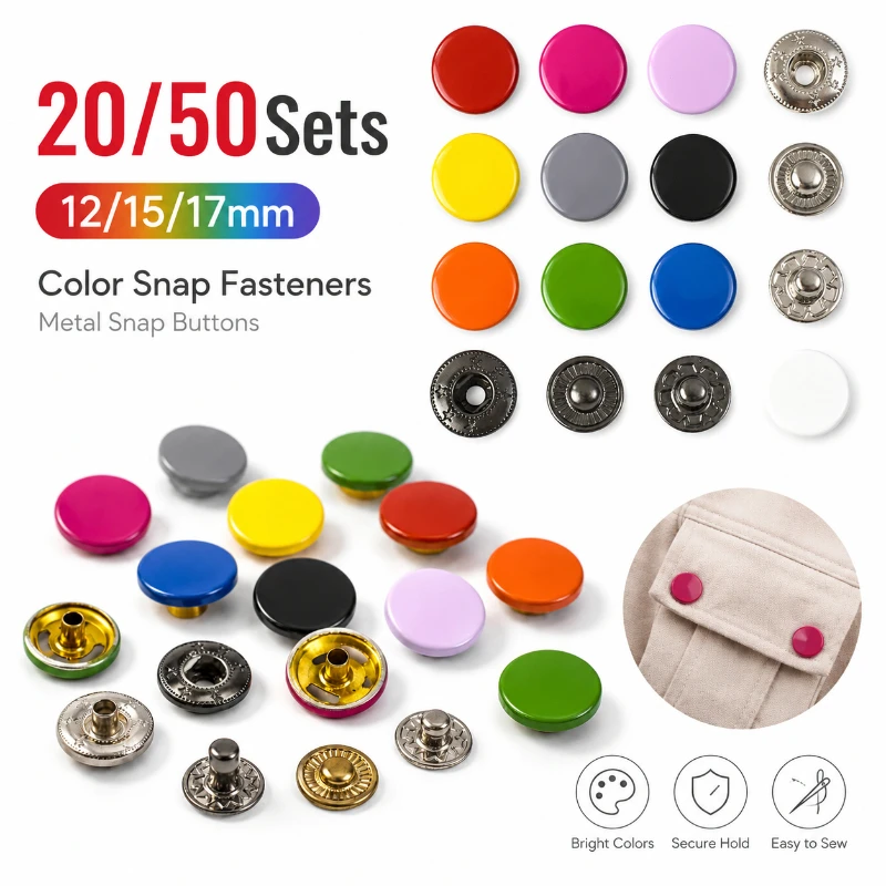 20/50Sets 12/15/17mm Colorful Snap Buttons 633 831 Press Studs Metal Fasteners Sewing Clothes Bags Leather Craft DIY Accessories
20/50Sets 12/15/17mm Colorful Snap Buttons 633 831 Press Studs Metal Fasteners Sewing Clothes Bags Leather Craft DIY Accessories