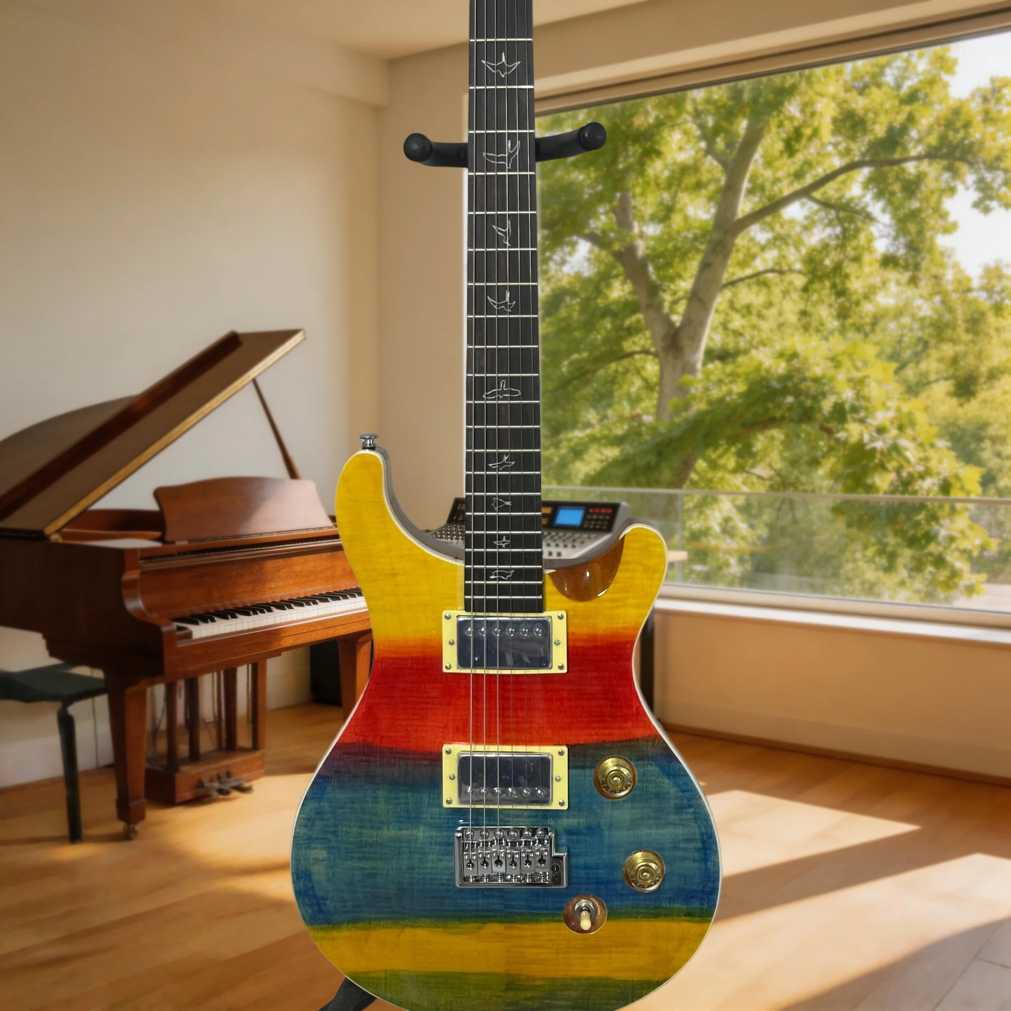 Rainbow Sunburst Tiger Flame Maple Top PRS-Style Electric Guitar Iconic Bird Inlays – Vintage HH Pickups Gift
Rainbow Sunburst Tiger Flame Maple Top PRS-Style Electric Guitar Iconic Bird Inlays – Vintage HH Pickups Gift