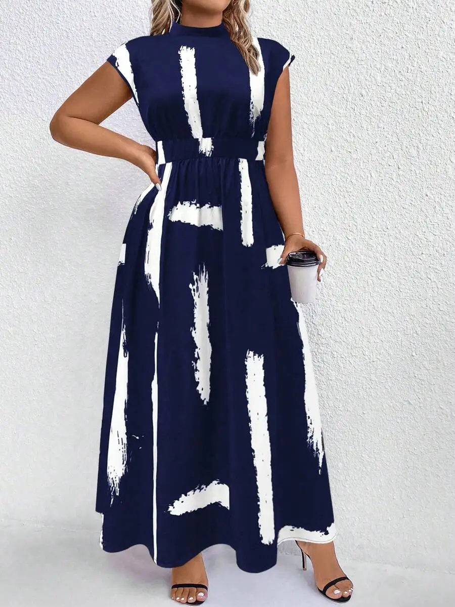 Blue Abstract White Brushstroke Print Mock Neck Maxi Dress
Blue Abstract White Brushstroke Print Mock Neck Maxi Dress