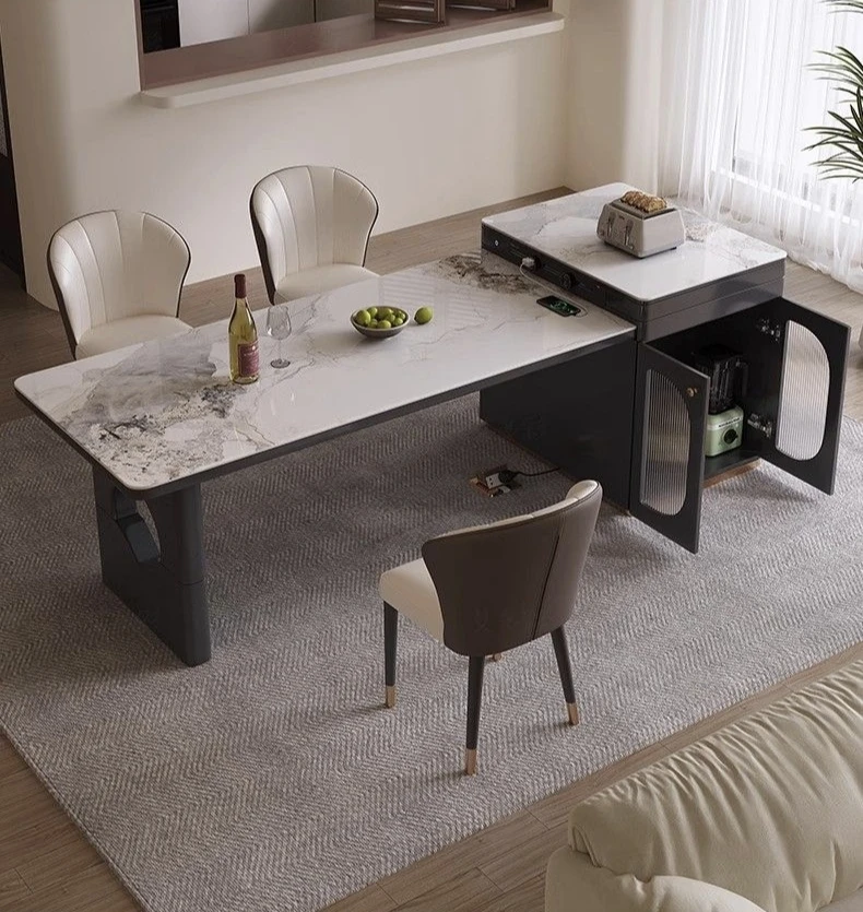 //Light Luxury Multi-functional Rock Slab Telescopic Dining Table With Induction Cooker, With Socket Storage Table Integrated.
//Light Luxury Multi-functional Rock Slab Telescopic Dining Table With Induction Cooker, With Socket Storage Table Integrated.