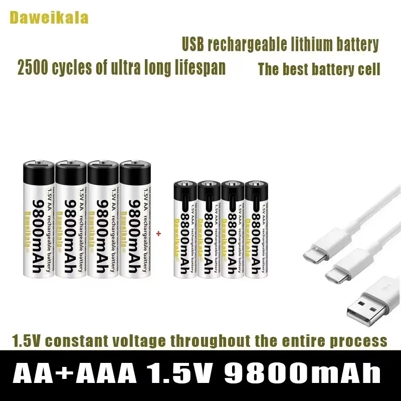 New 1.5V AA + AAA USB Rechargeable battery AA 9800mAh/AAA 8800mAh li-ion batteries for toys watch MP3 player thermometer+ Cable
New 1.5V AA + AAA USB Rechargeable battery AA 9800mAh/AAA 8800mAh li-ion batteries for toys watch MP3 player thermometer+ Cable