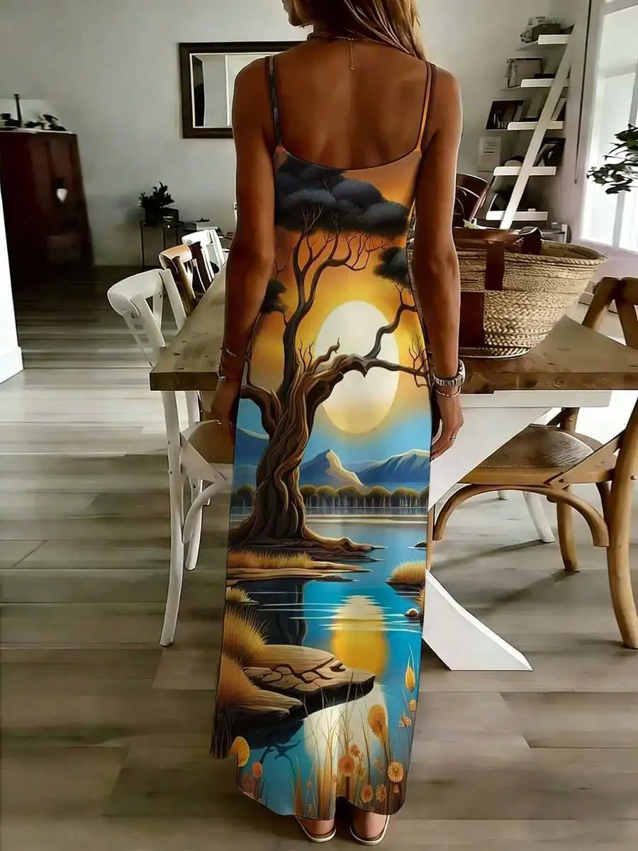 Sunset Tree Landscape Print Sleeveless Maxi Dress With Mountain Lake Design For Casual Outdoor Wear
Sunset Tree Landscape Print Sleeveless Maxi Dress With Mountain Lake Design For Casual Outdoor Wear